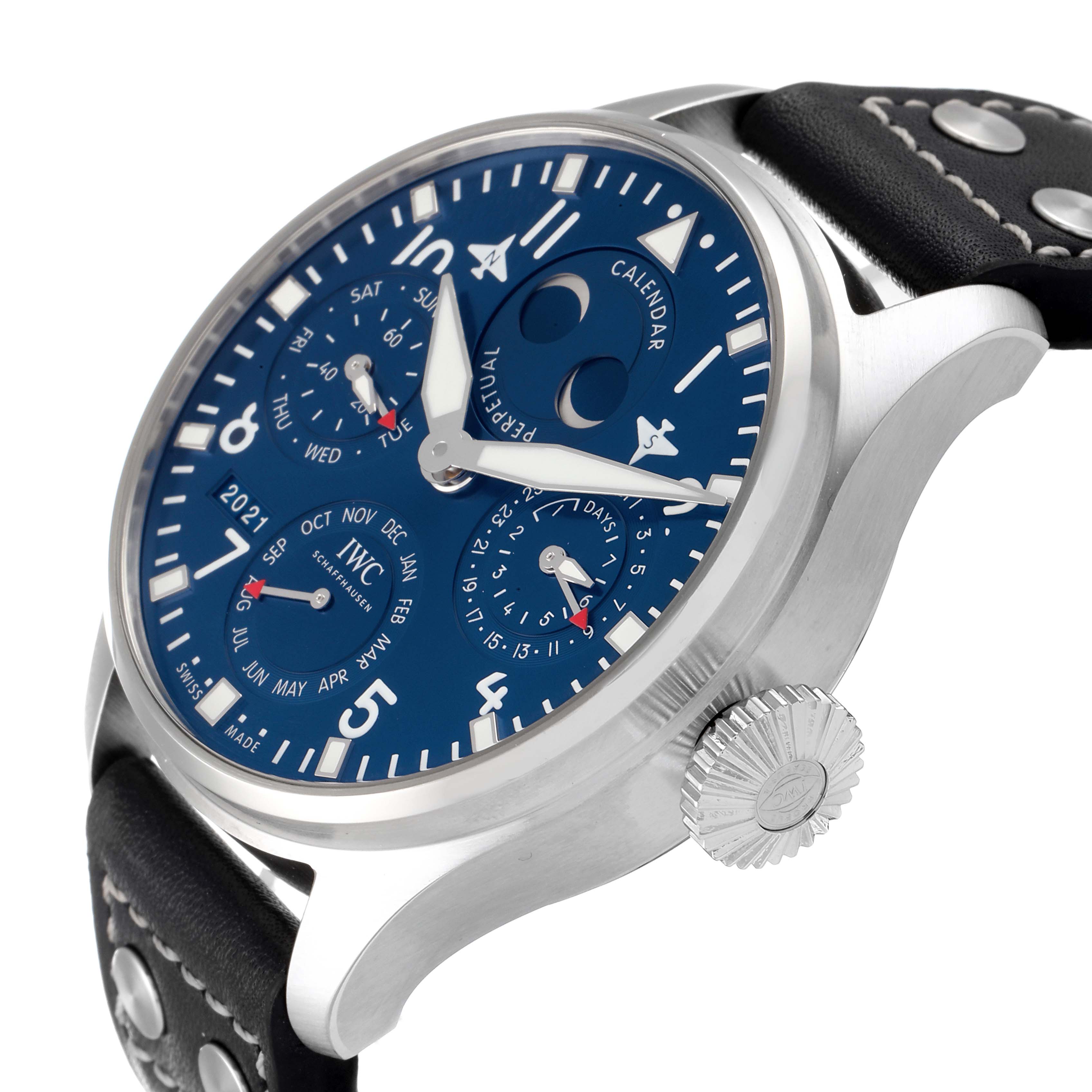 This image shows the IWC Pilot IW503605 Men's Stainless Steel Blue Dial IW503605 Men's Stainless Steel Blue Dial model watch from a top-side angle, highlighting the crown, dial, and leather strap.