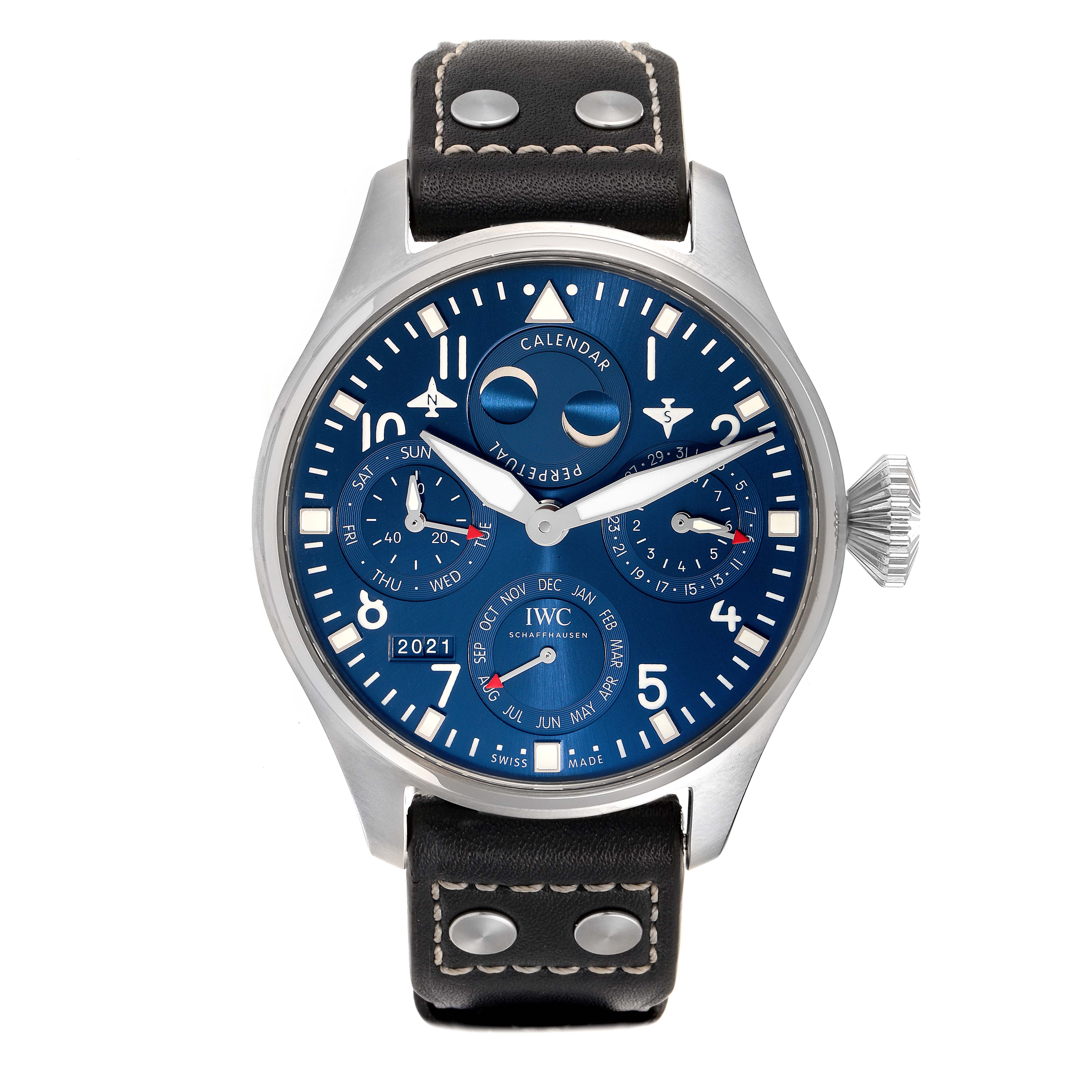 The image shows a front view of a Pilot model watch by IWC, highlighting its blue dial and leather strap.