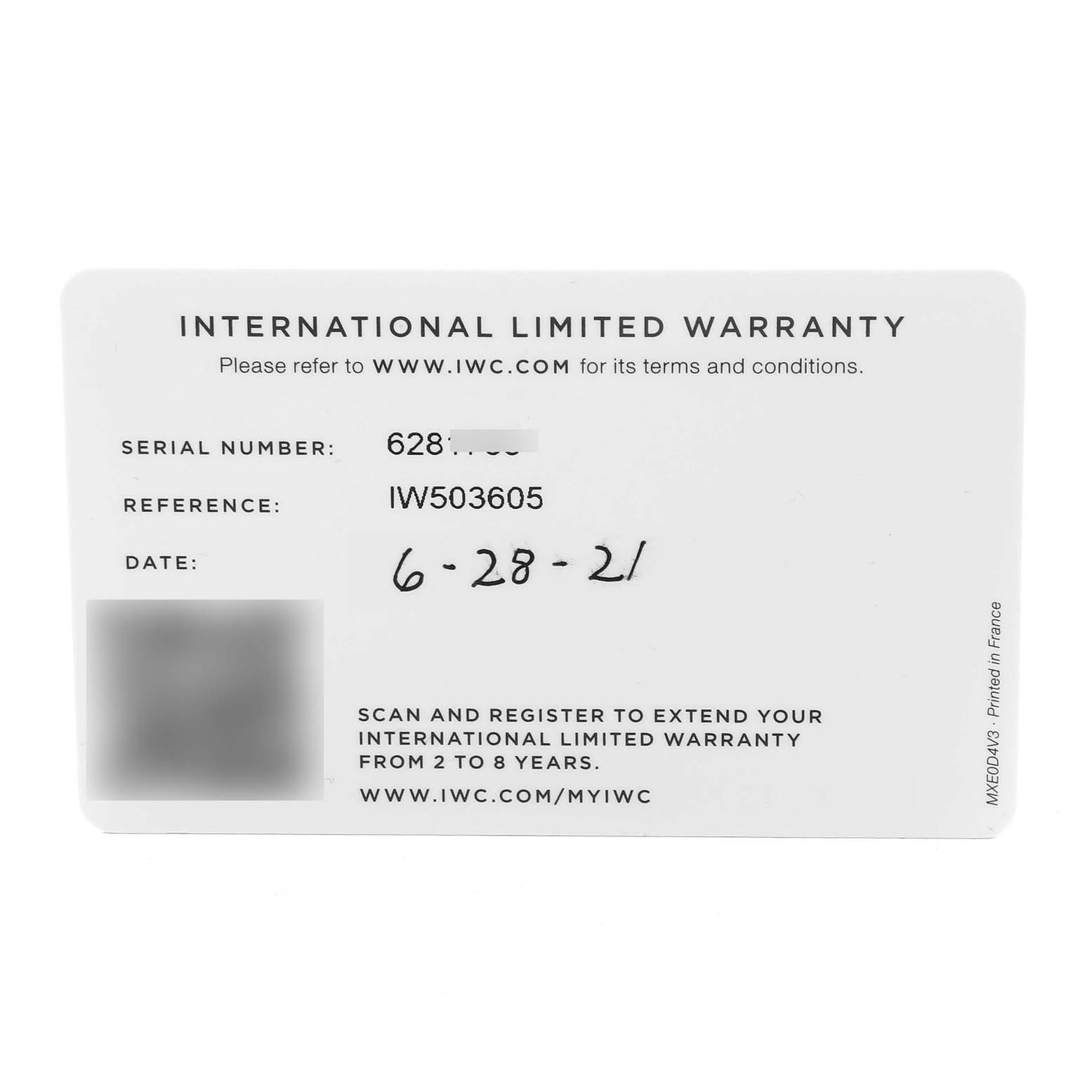 This image shows the International Limited Warranty card for the IWC Pilot IW503605 Men's Stainless Steel Blue Dial IW503605 Men's Stainless Steel Blue Dial model watch, displaying the serial number, reference, and date.