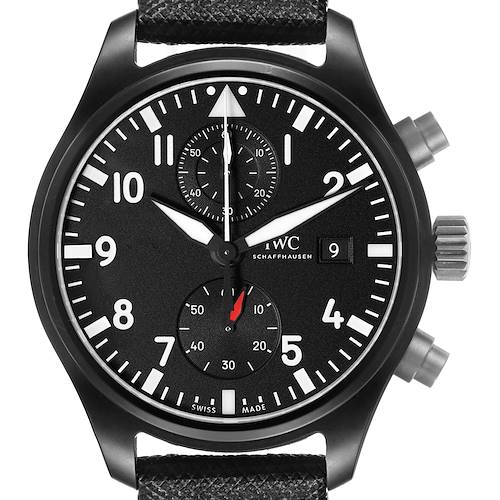 The IWC Pilot IW389001 Men's Ceramic Black Dial watch is shown from the front, displaying its dial, hands, subdials, crown, and pushers.