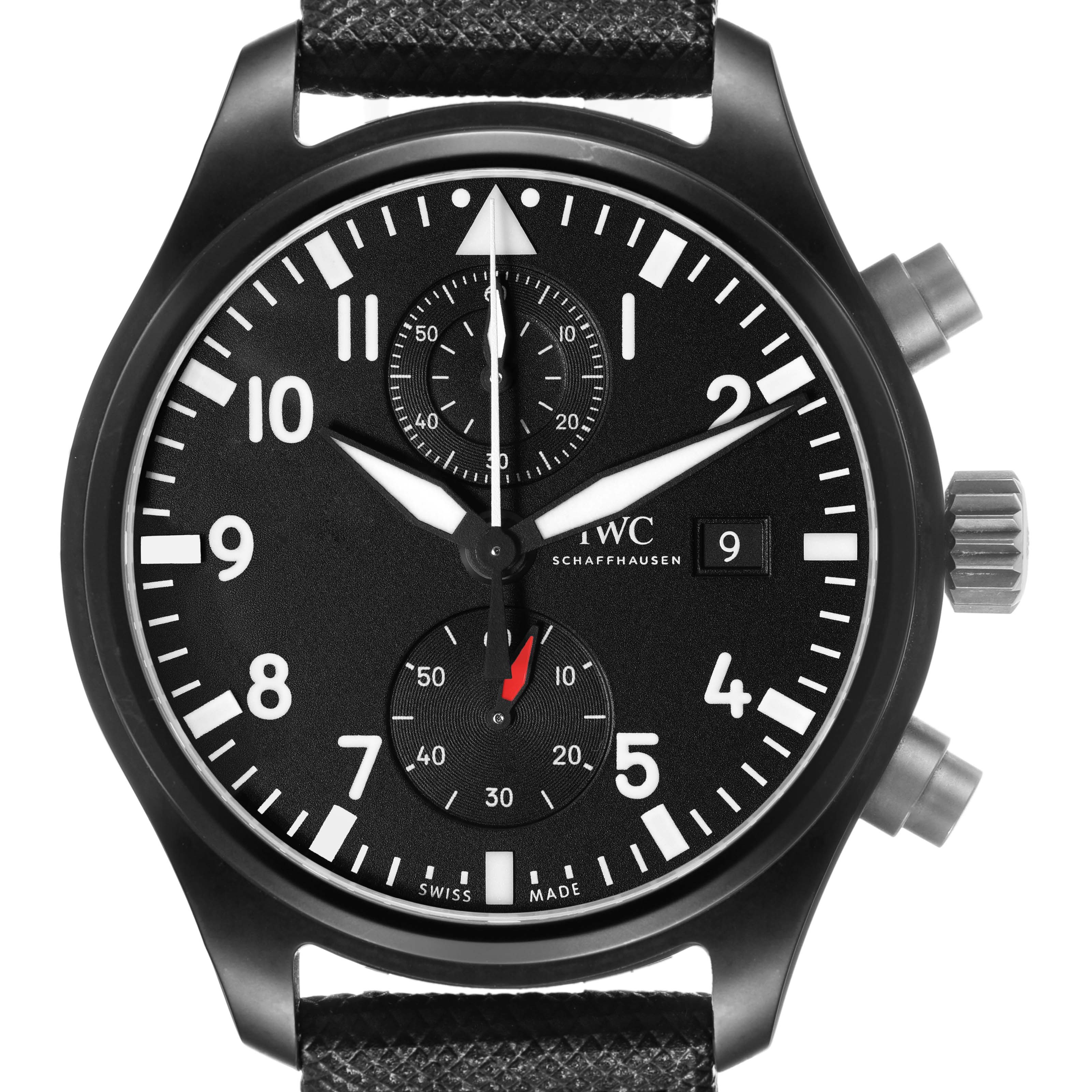 The image shows a frontal view of the IWC Pilot IW389001 Men's Ceramic Black Dial model watch, highlighting the dial, hands, crown, and chronograph subdials.