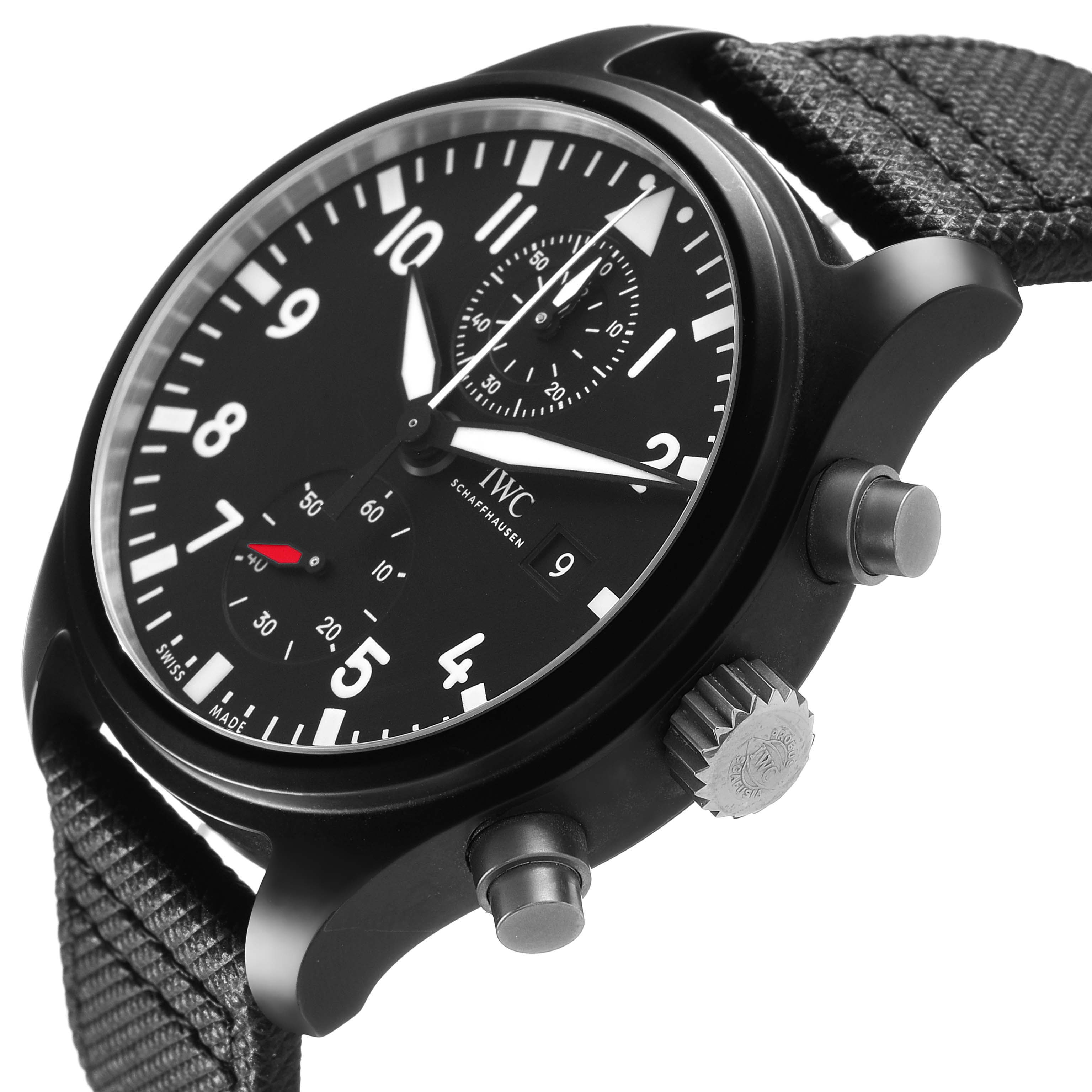 The IWC Pilot IW389001 Men's Ceramic Black Dial watch is shown at an angle highlighting the dial, crown, pushers, and strap.