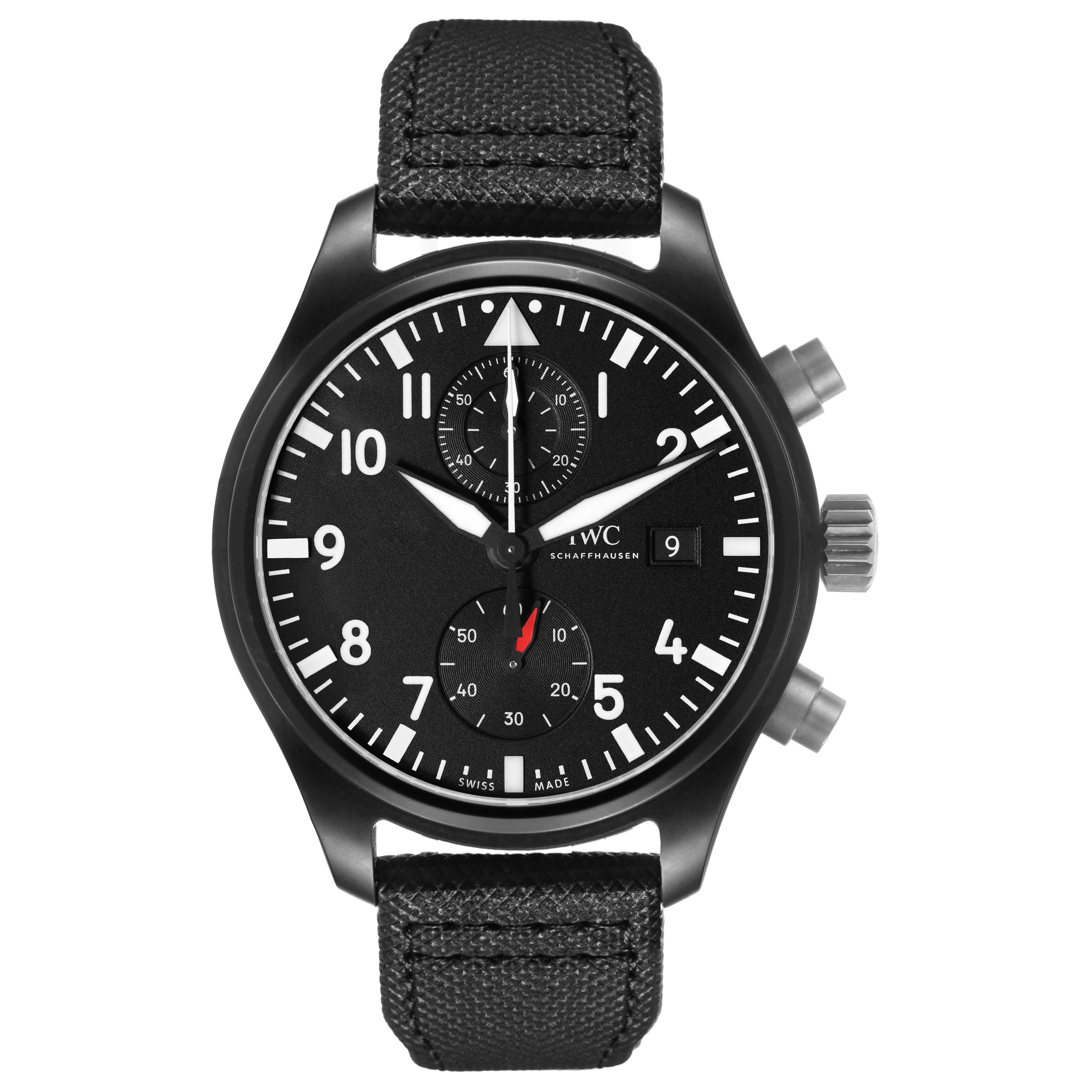 The IWC Pilot IW389001 Men's Ceramic Black Dial watch is shown from the front, displaying the face, strap, and side pushers.