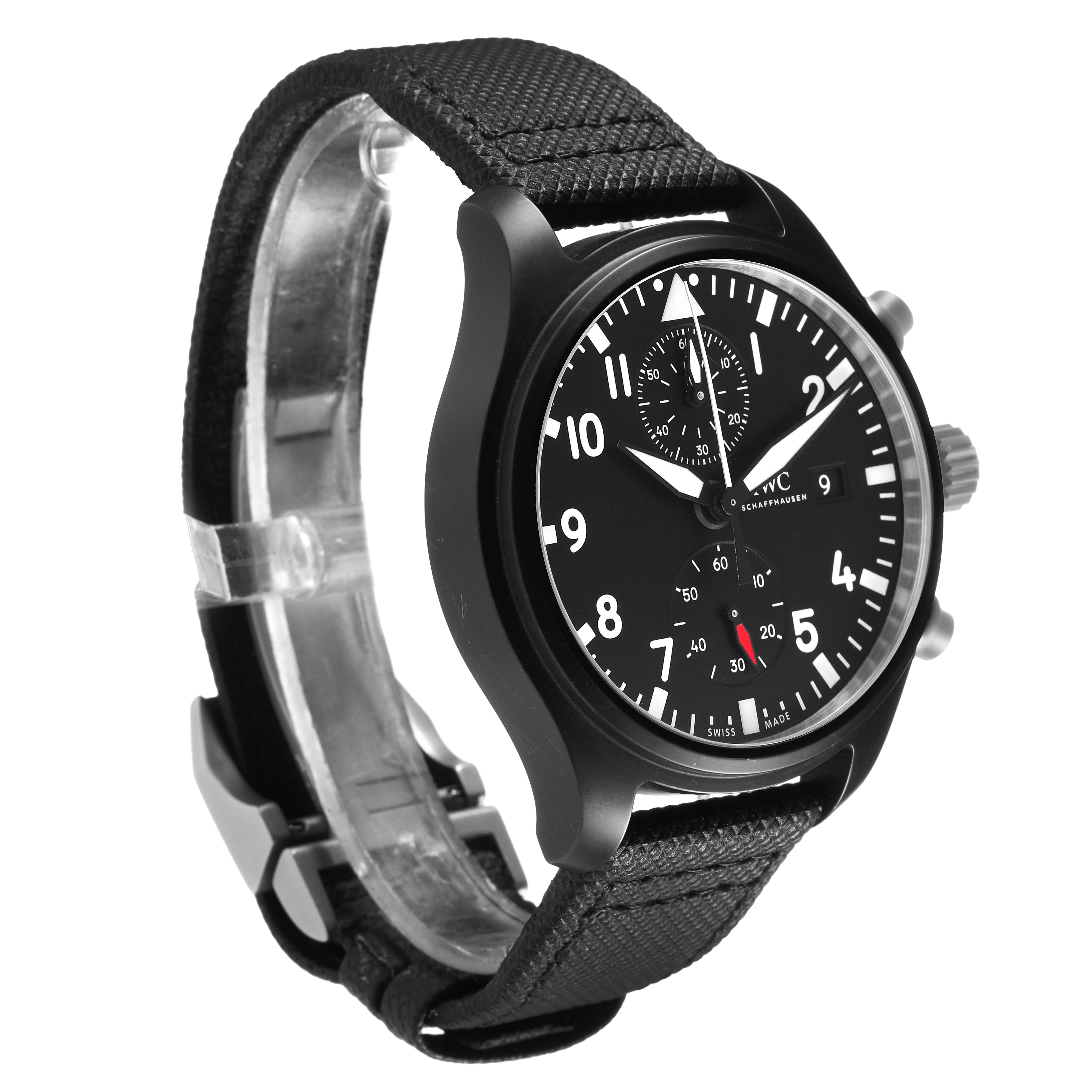 The IWC Pilot IW389001 Men's Ceramic Black Dial watch is shown at a three-quarter angle, highlighting the face, bezel, and strap.