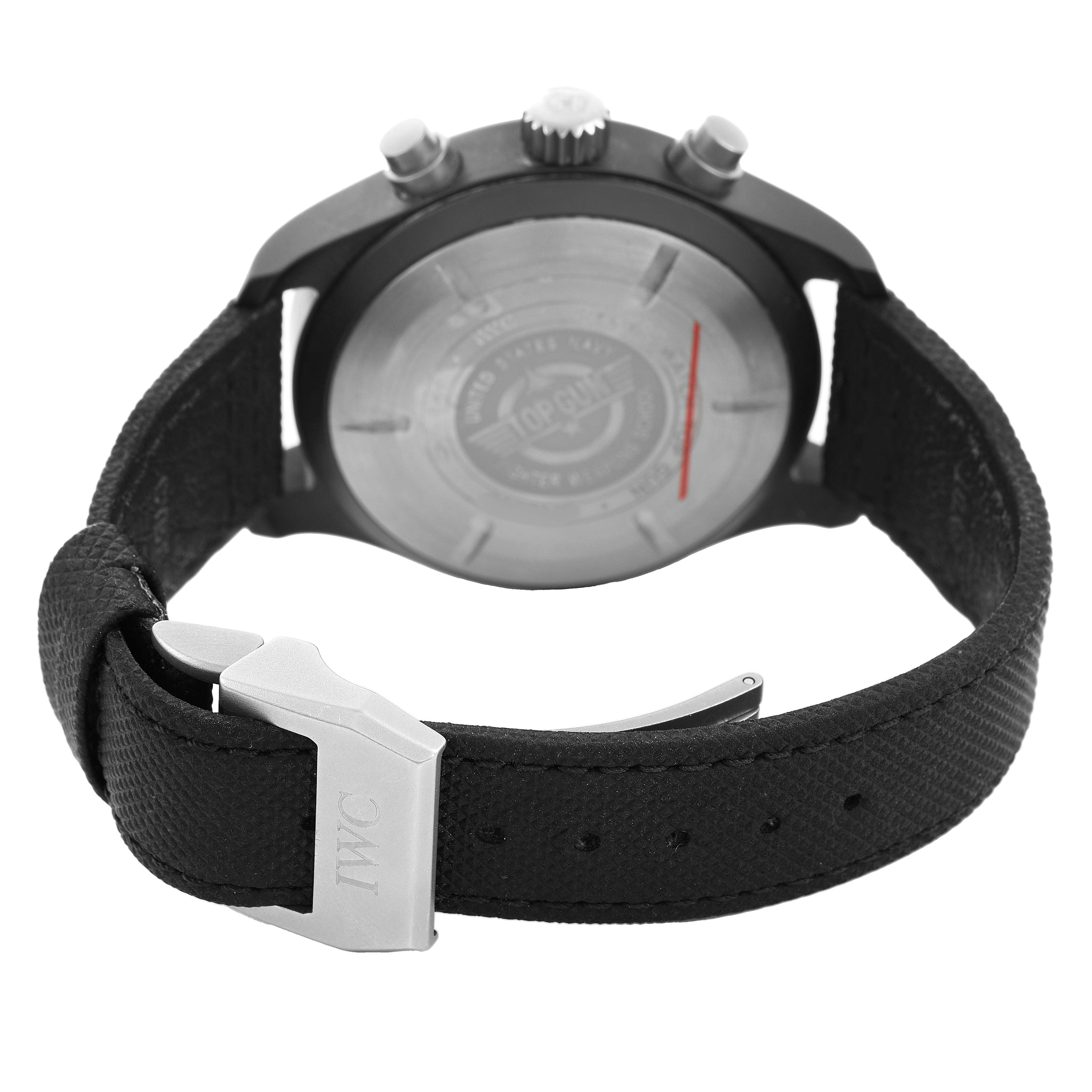 The image shows the back view of the IWC Pilot IW389001 Men's Ceramic Black Dial watch model, highlighting the case back, strap, and clasp.