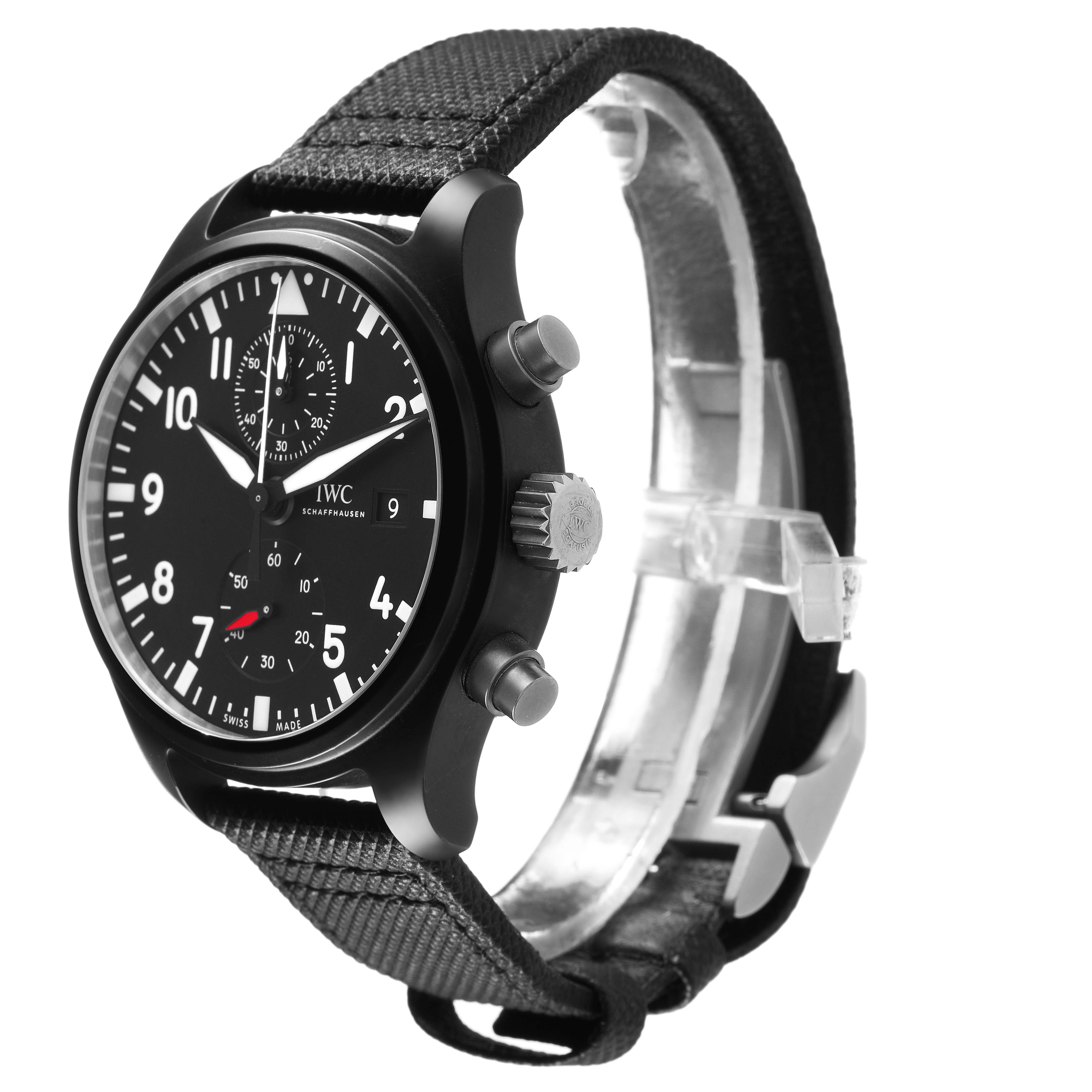 The IWC Pilot IW389001 Men's Ceramic Black Dial watch is shown at a three-quarter angle, highlighting the face, side buttons, and strap.
