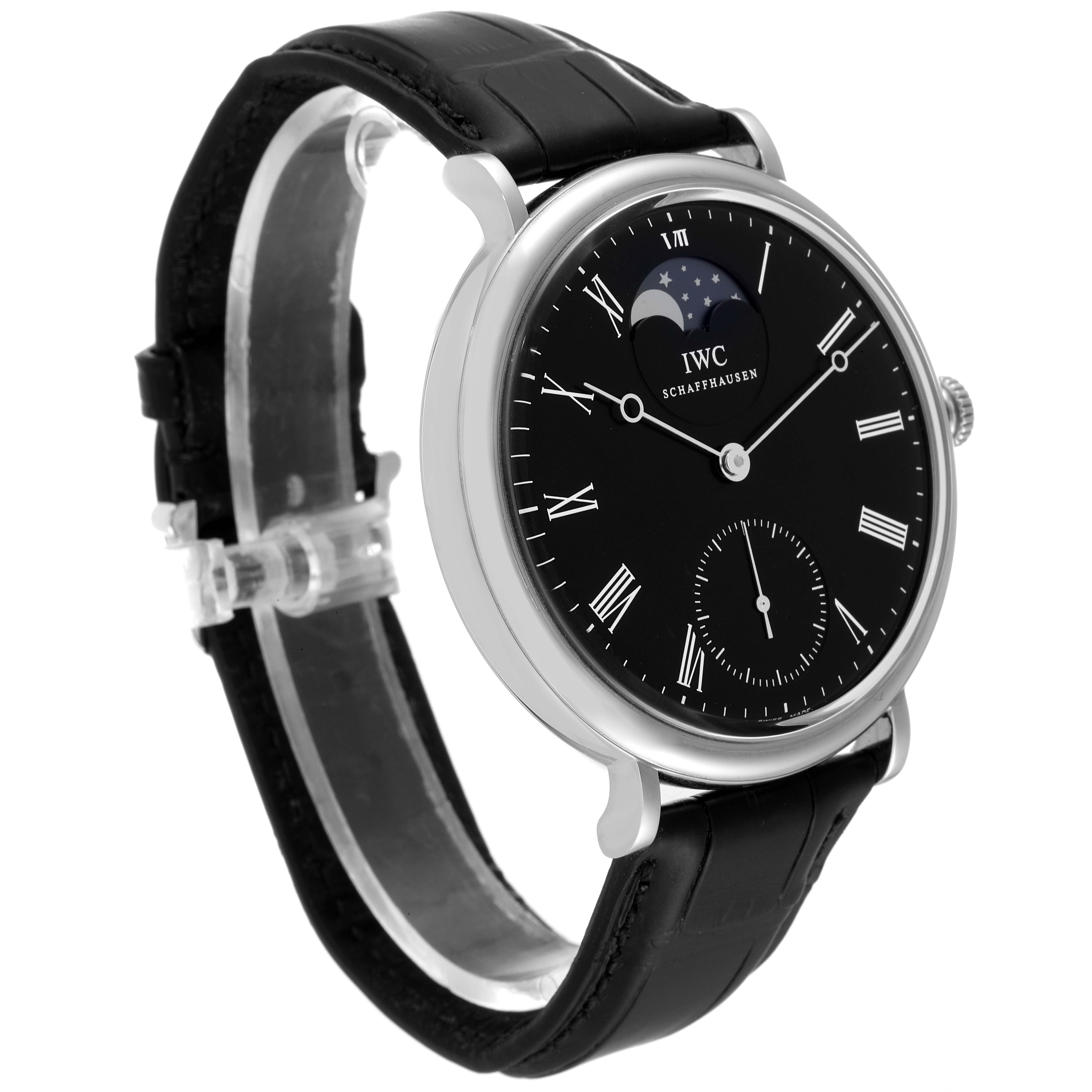 The IWC Portofino IW544801 Men's Stainless Steel Black Dial IW544801 Men's Stainless Steel Black Dial watch is shown at a front-side angle, highlighting its black dial, leather strap, and moonphase feature.