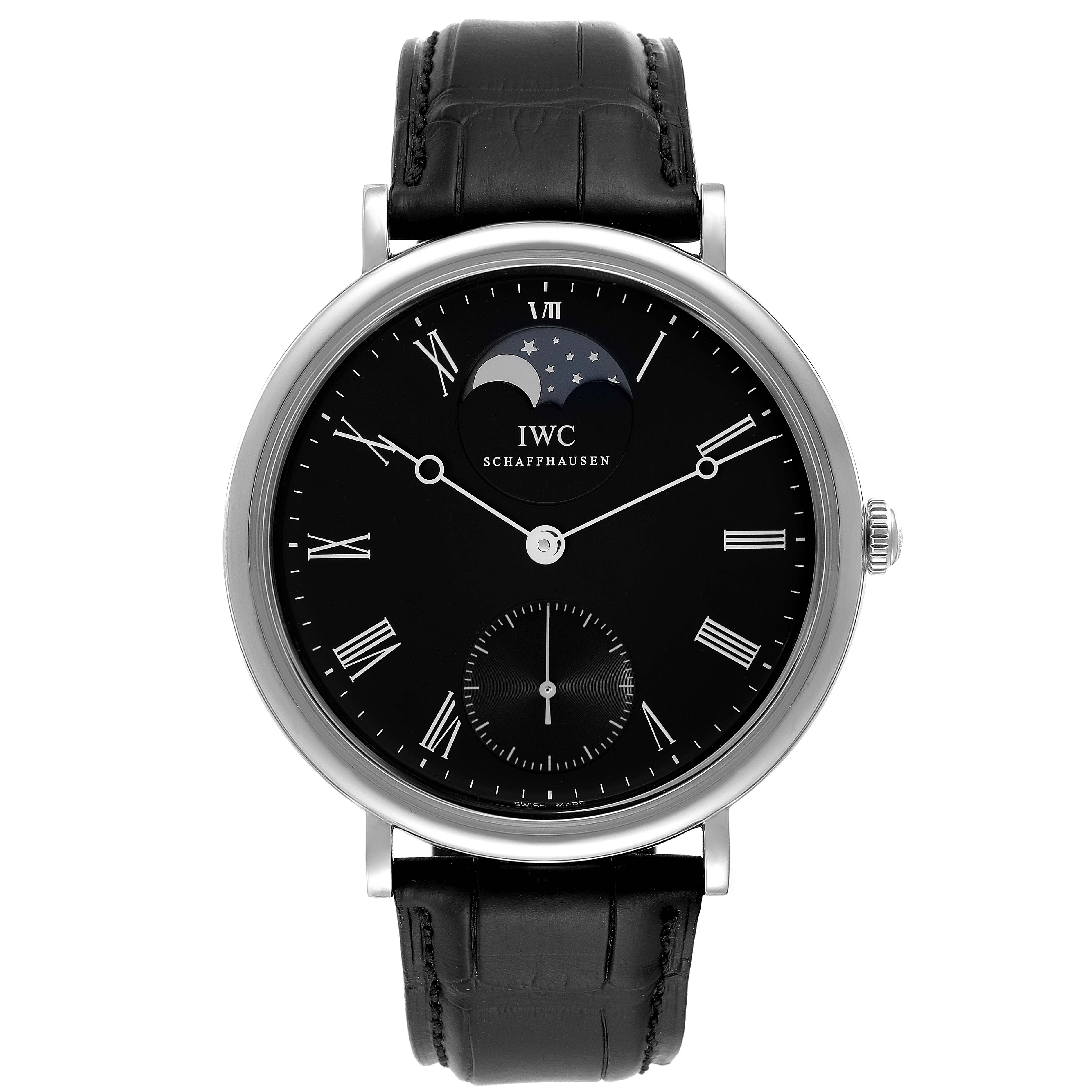 The image shows a front view of the IWC Portofino IW544801 Men's Stainless Steel Black Dial IW544801 Men's Stainless Steel Black Dial watch, highlighting its black dial, moon phase indicator, and leather strap.