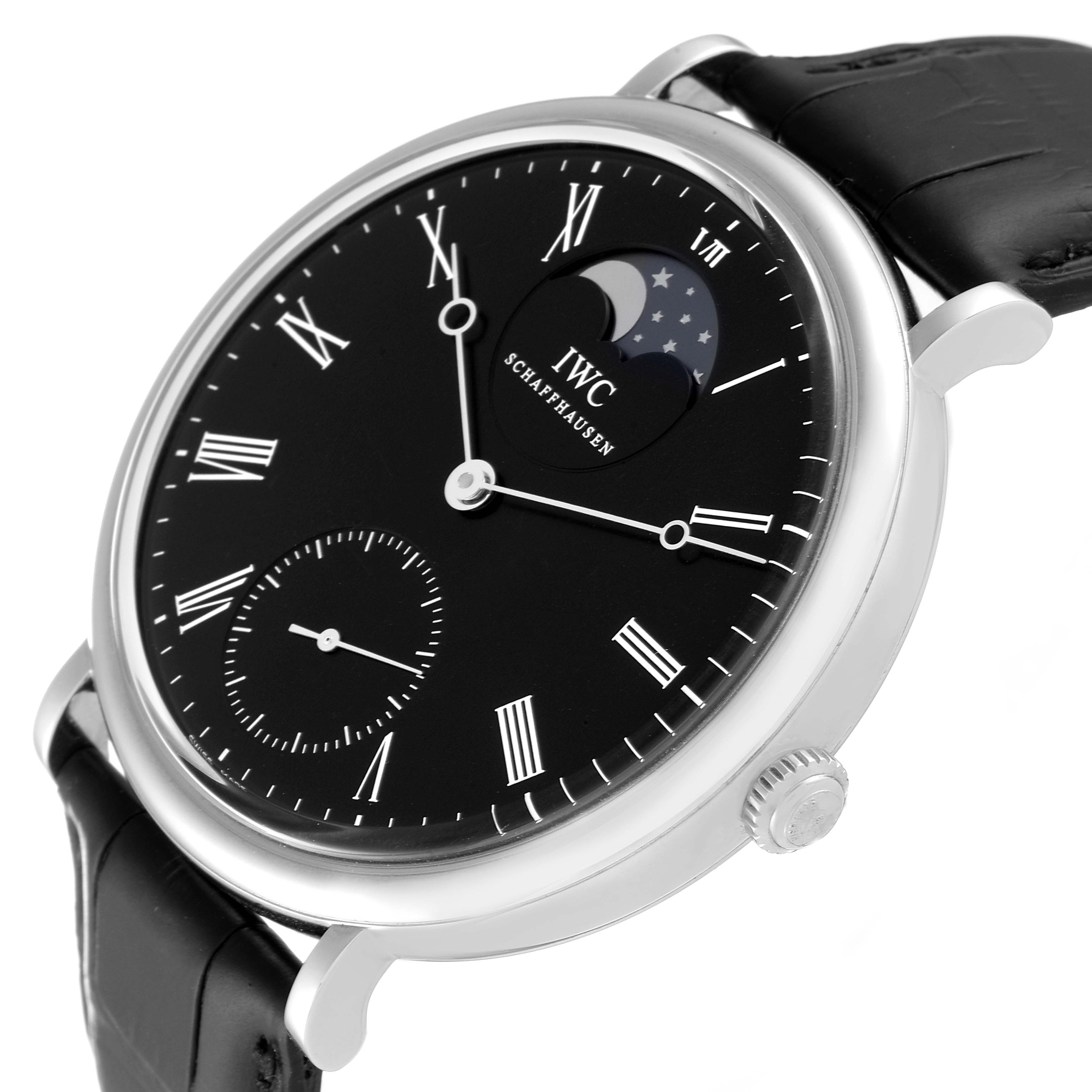The Portofino model by IWC is shown from a front angle highlighting its black dial, moon phase, and leather strap.