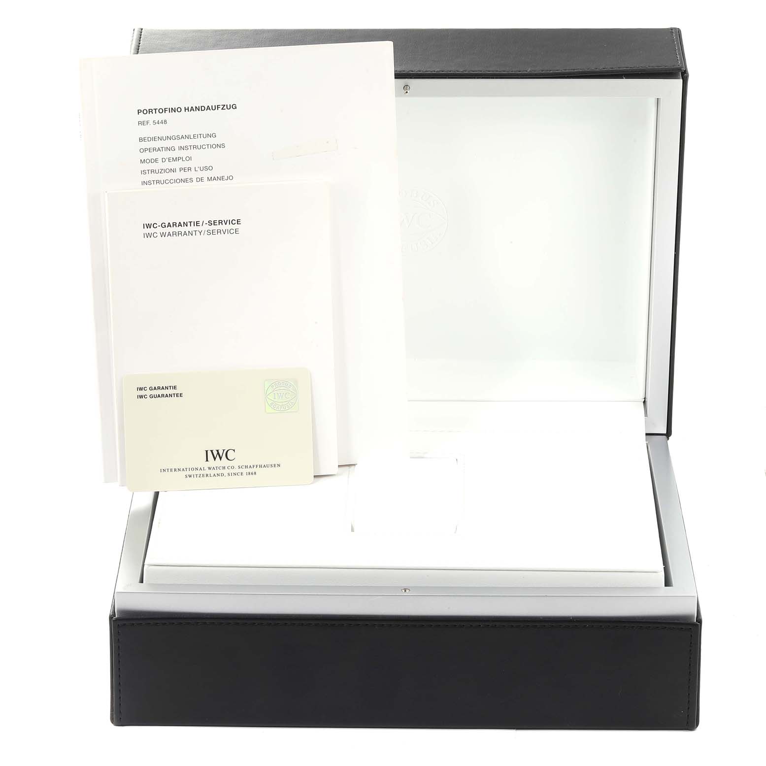 The image shows the open box and manual of the IWC Portofino IW544801 Men's Stainless Steel Black Dial IW544801 Men's Stainless Steel Black Dial watch model.