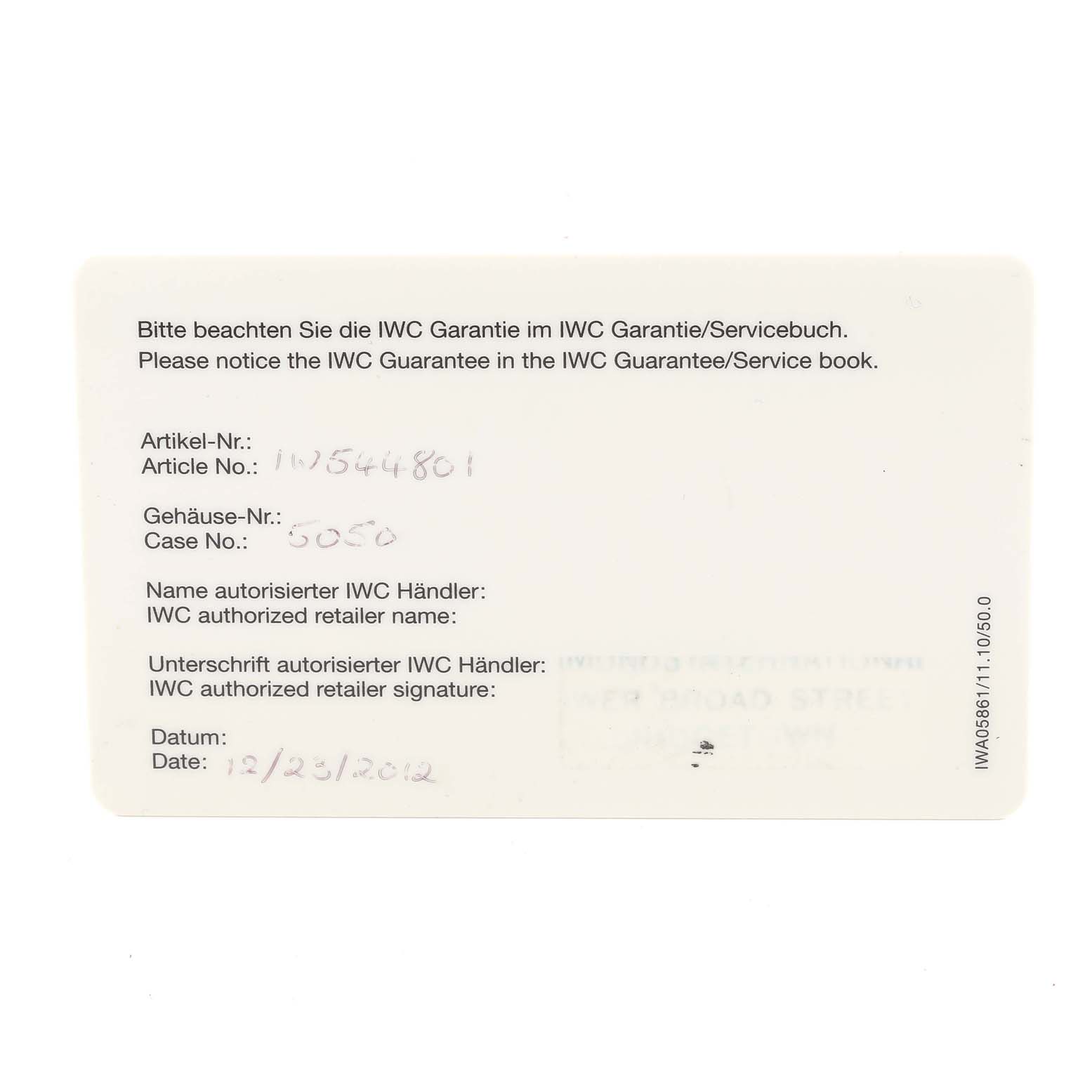 This image shows the warranty card for the Portofino model by IWC, including article and case numbers, retailer details, and date.