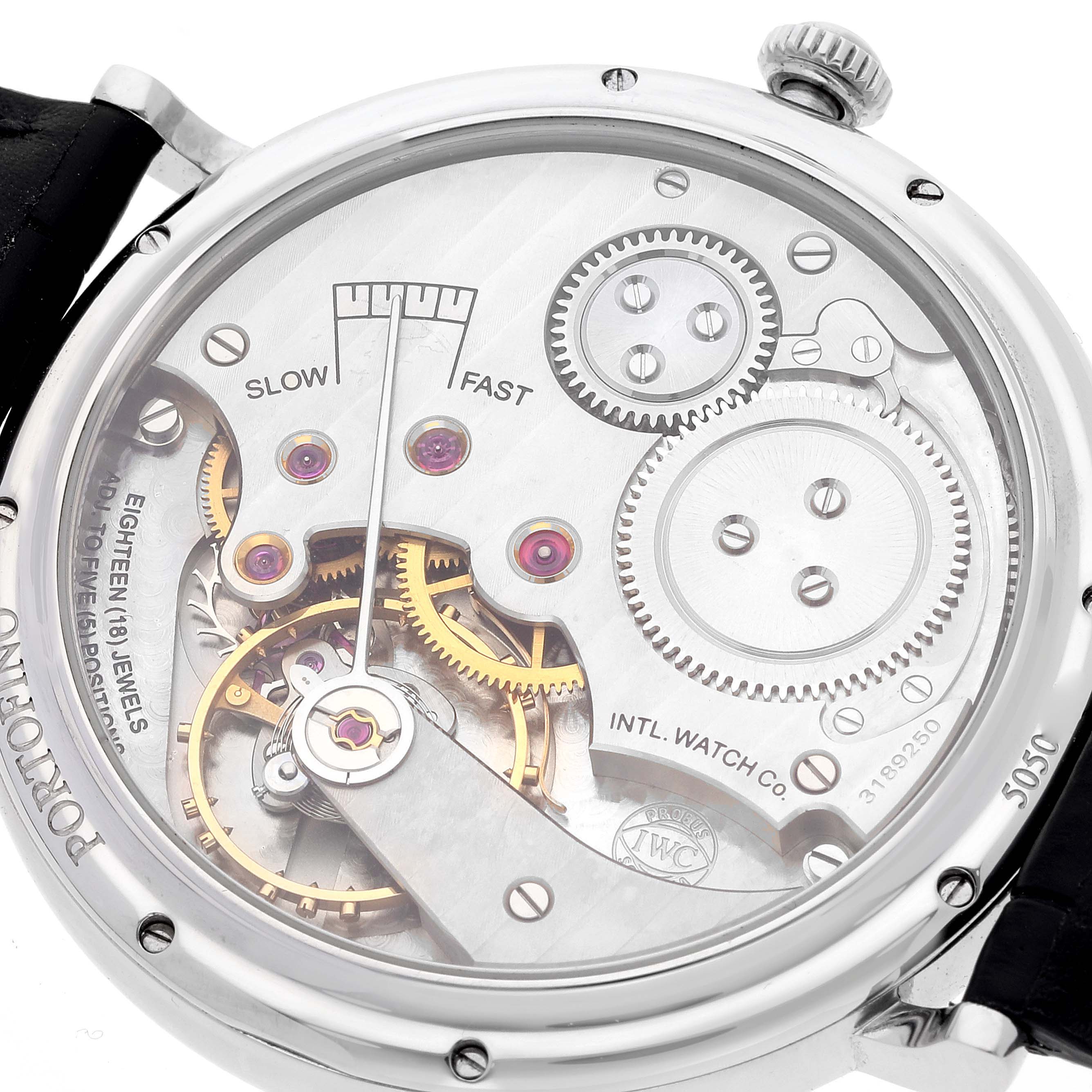 The image shows the back view of an IWC Portofino IW544801 Men's Stainless Steel Black Dial IW544801 Men's Stainless Steel Black Dial watch, displaying its internal mechanical movements.