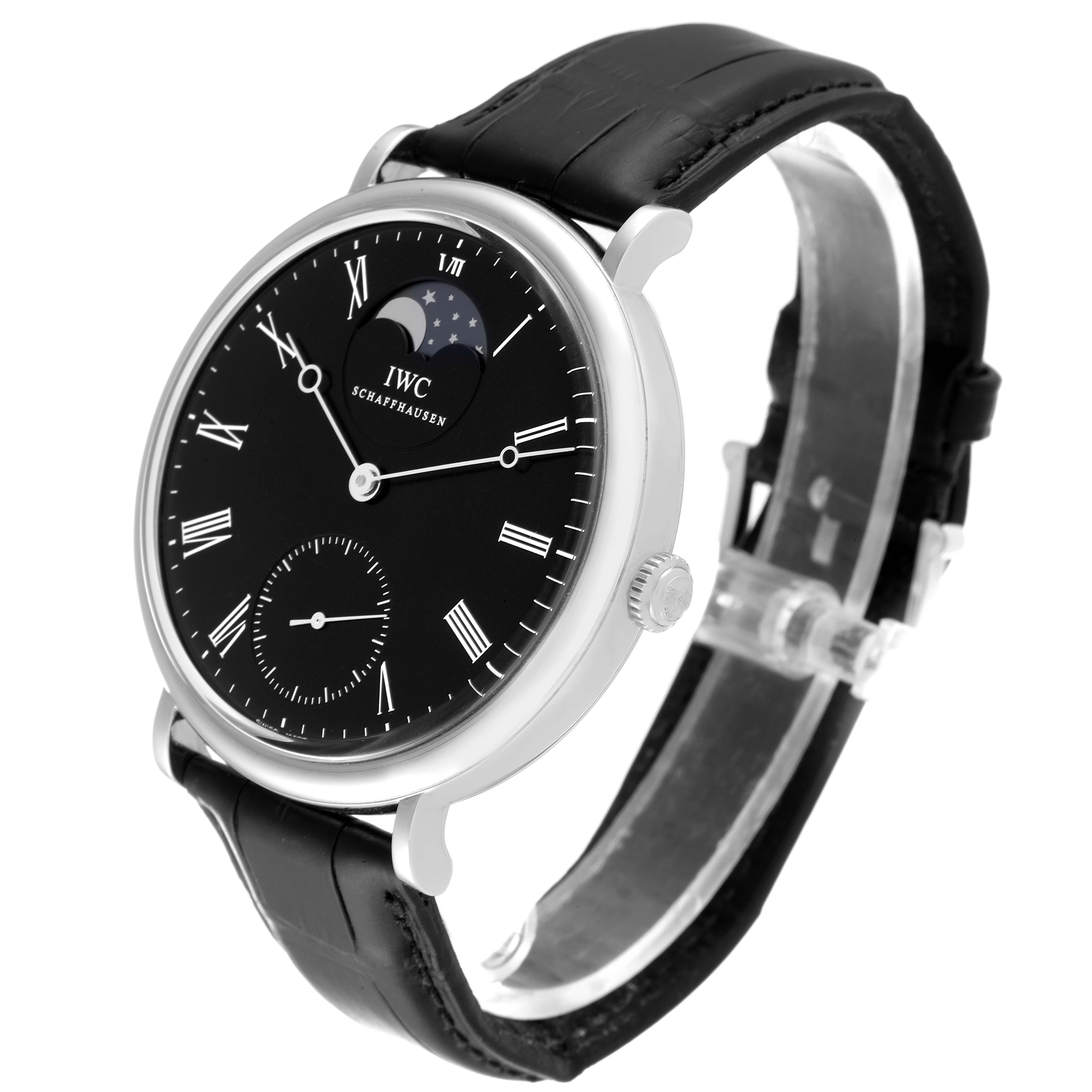 The image shows a side view of the IWC Portofino IW544801 Men's Stainless Steel Black Dial IW544801 Men's Stainless Steel Black Dial watch, highlighting the dial, moon phase display, and black leather strap.