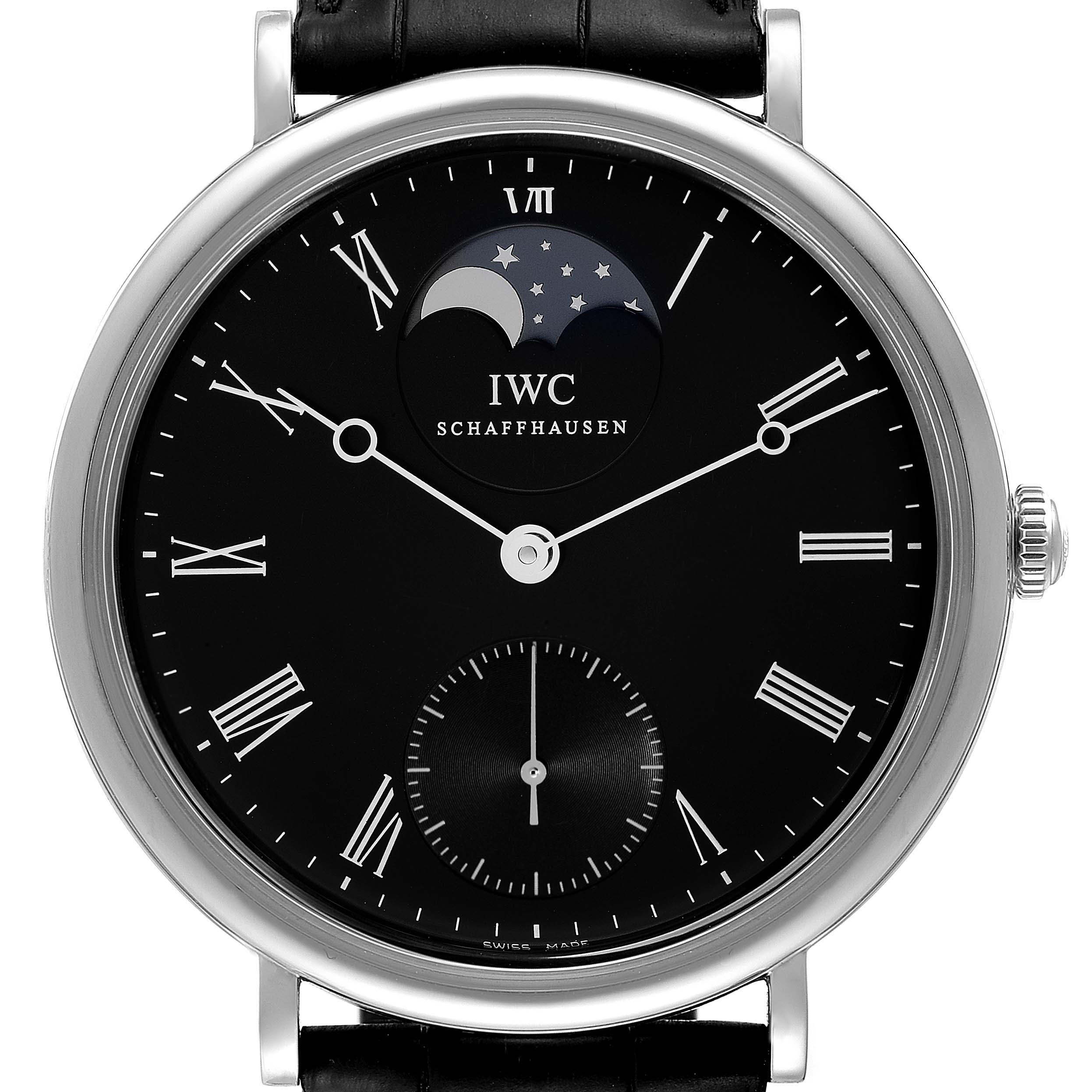 This image of the IWC Portofino IW544801 Men's Stainless Steel Black Dial IW544801 Men's Stainless Steel Black Dial watch is taken from the front, showcasing its dial, hands, moon phase indicator, and crown.
