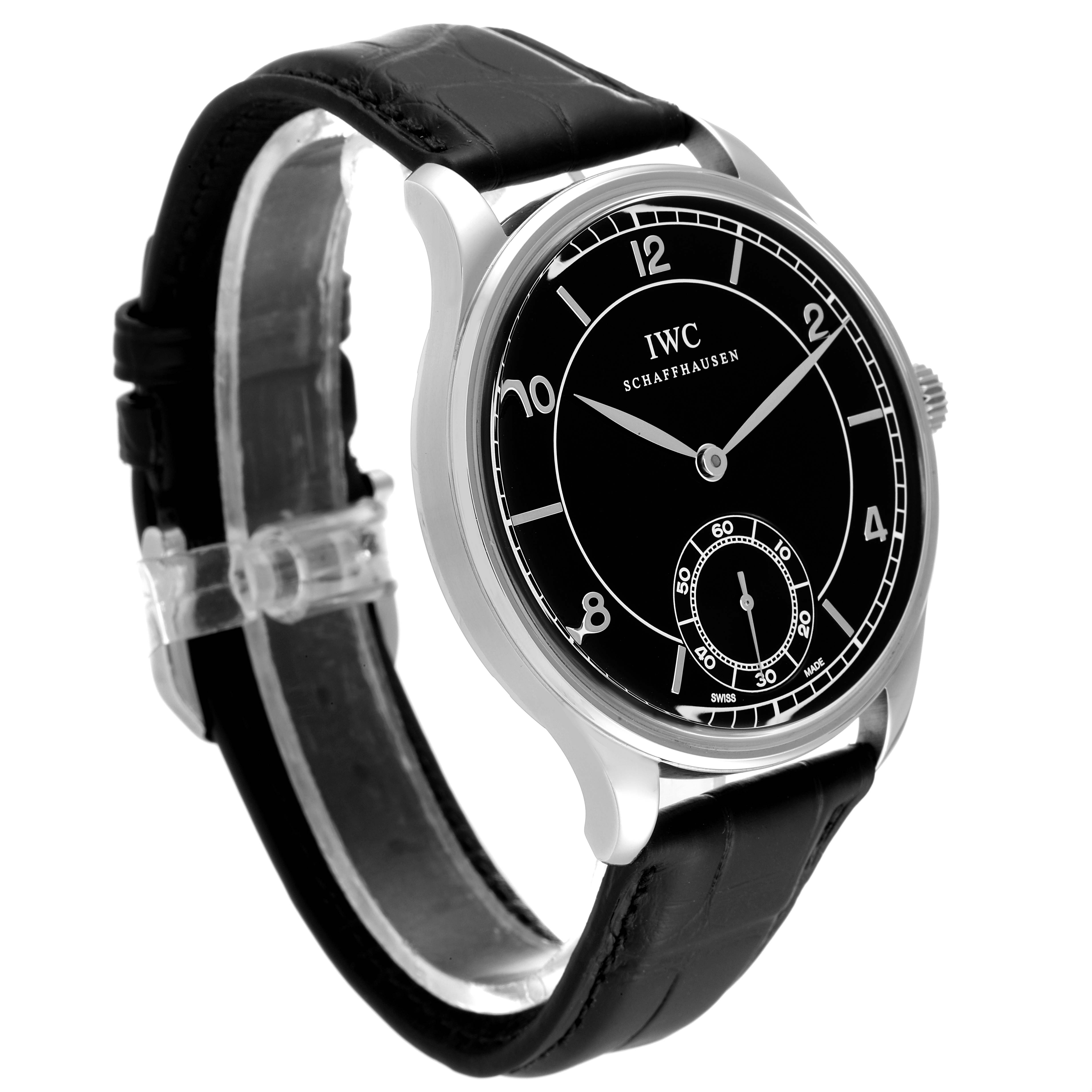 The image shows an IWC Portuguese IW544501 Men's Stainless Steel Black Dial IW544501 Men's Stainless Steel Black Dial watch at a slight side angle, highlighting its black dial, leather strap, and stainless steel case.