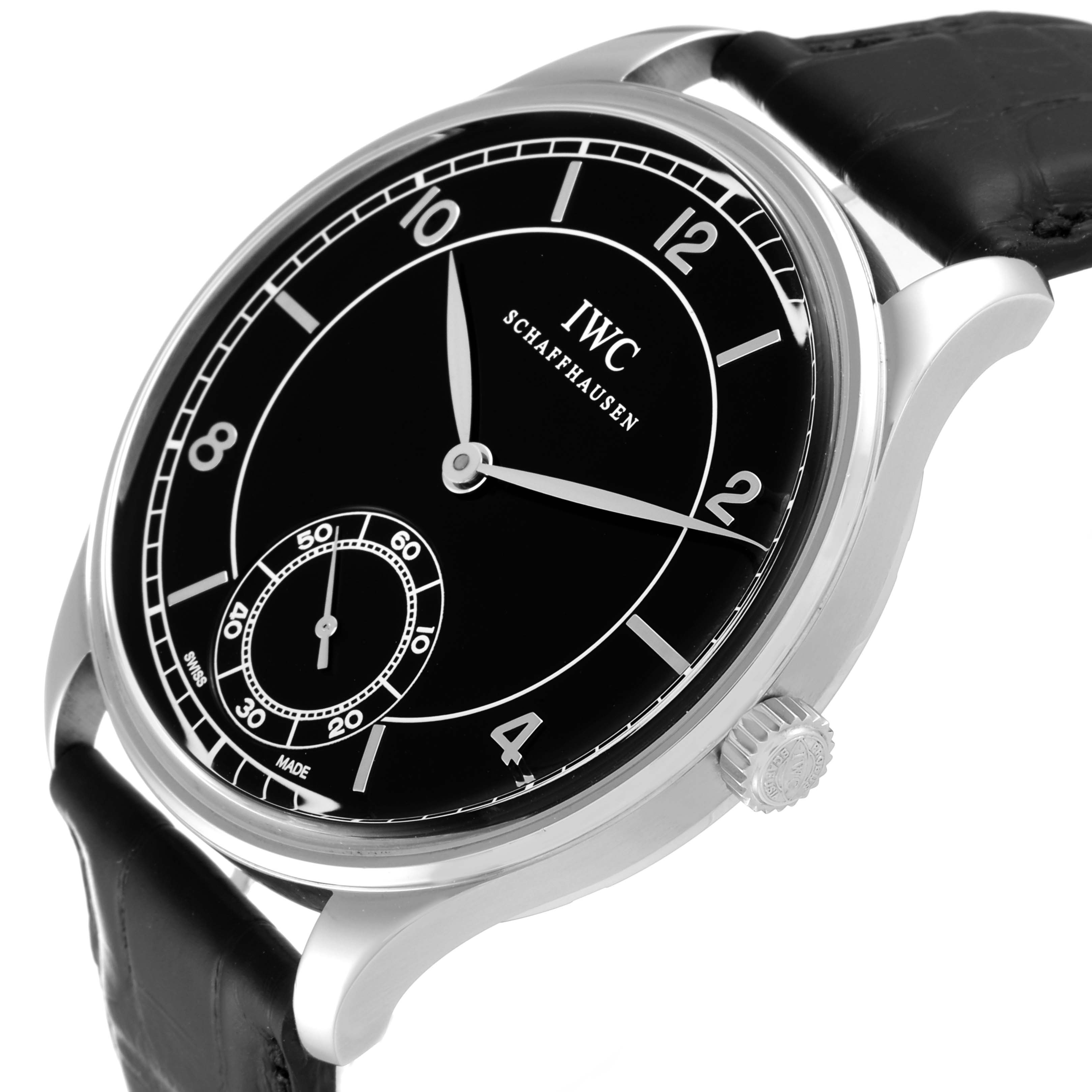 The image shows a close-up angle of the IWC Portuguese IW544501 Men's Stainless Steel Black Dial IW544501 Men's Stainless Steel Black Dial model, highlighting the black dial, numerals, hour and minute hands, small seconds subdial, and crown.