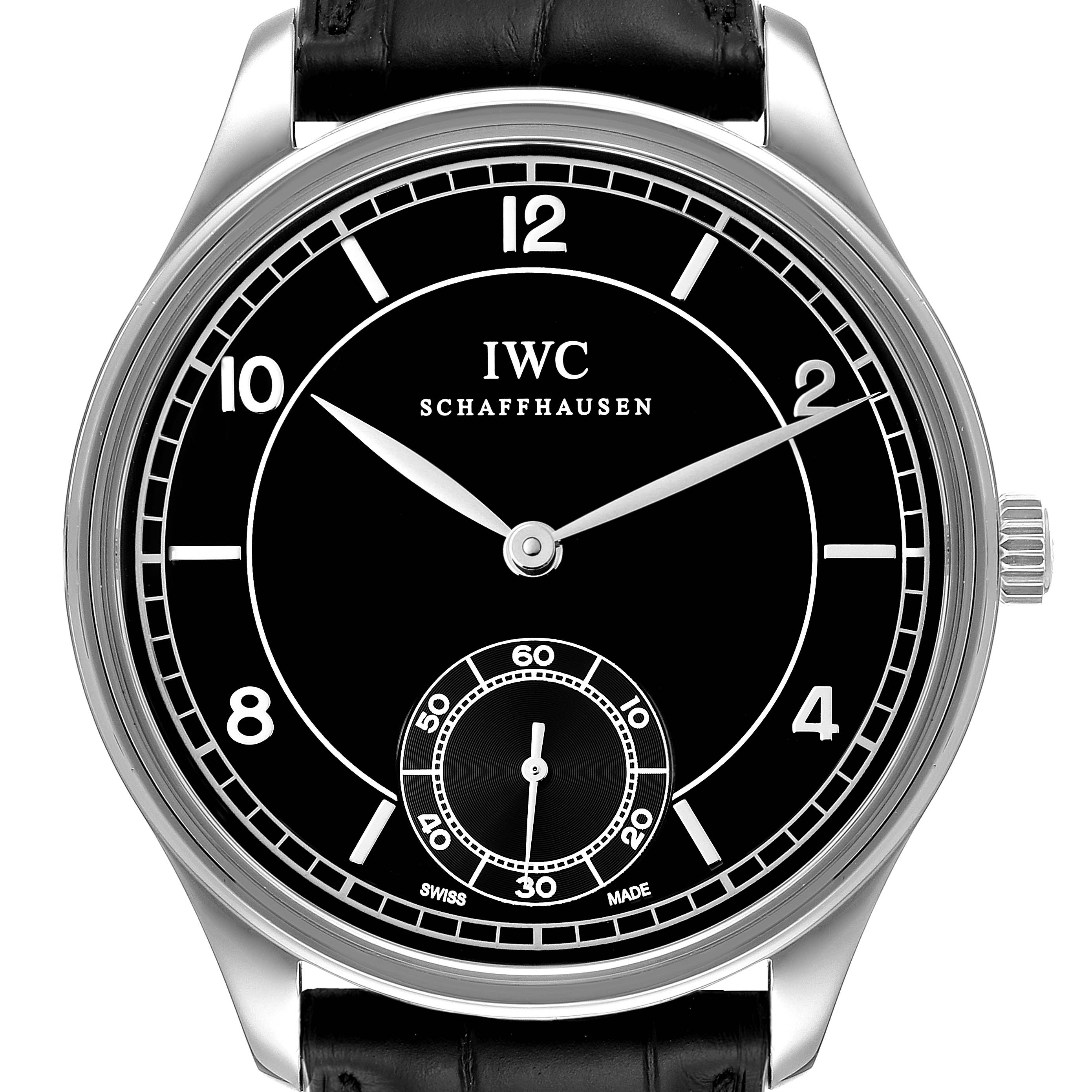 This image shows a frontal view of the IWC Portuguese IW544501 Men's Stainless Steel Black Dial IW544501 Men's Stainless Steel Black Dial model watch, featuring the dial, hands, and a small seconds subdial.