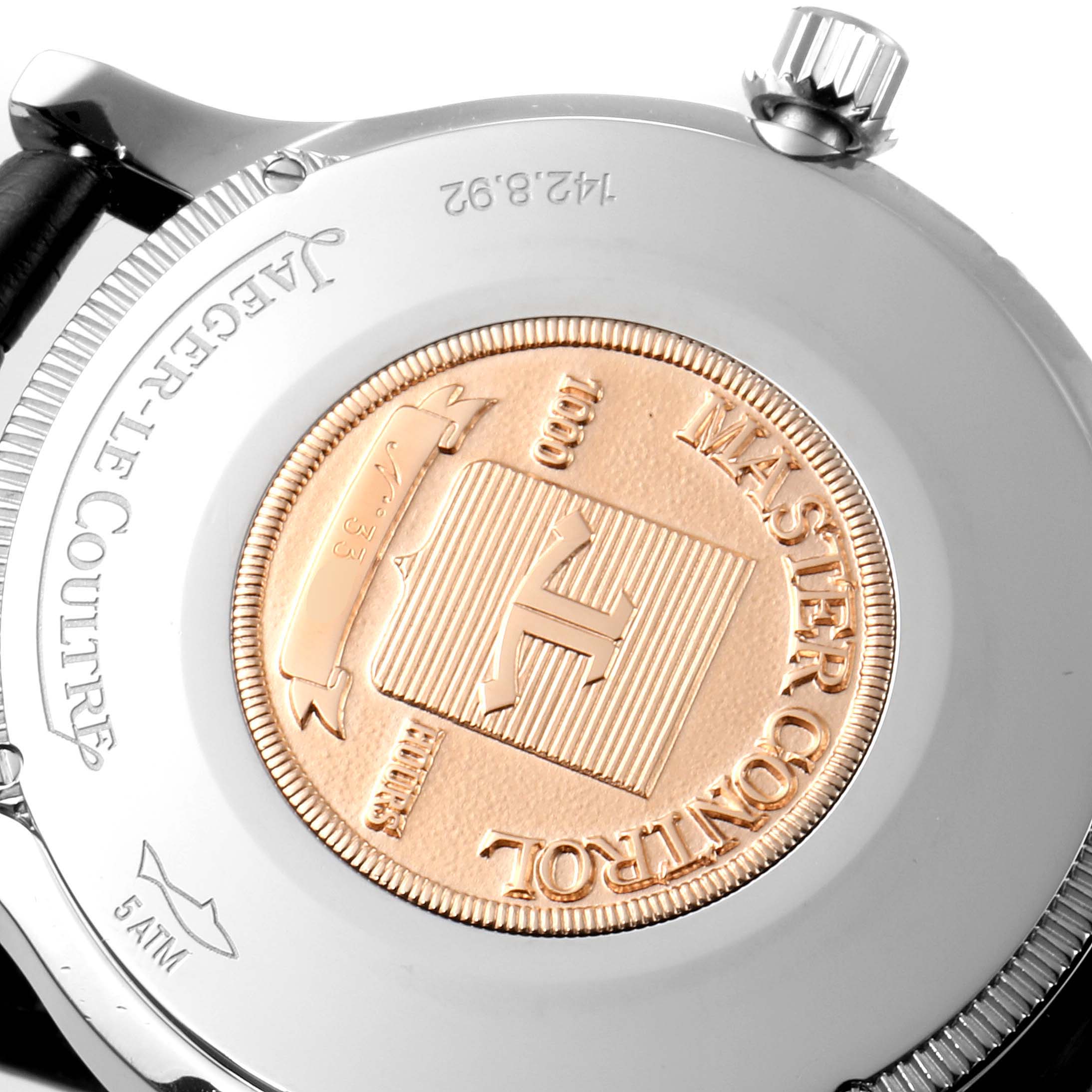 The image shows the case back of the Jaeger LeCoultre Master Q1428420 Men's Stainless Steel Silver Dial Q1428420 Men's Stainless Steel Silver Dial model watch with its distinctive branding and design.