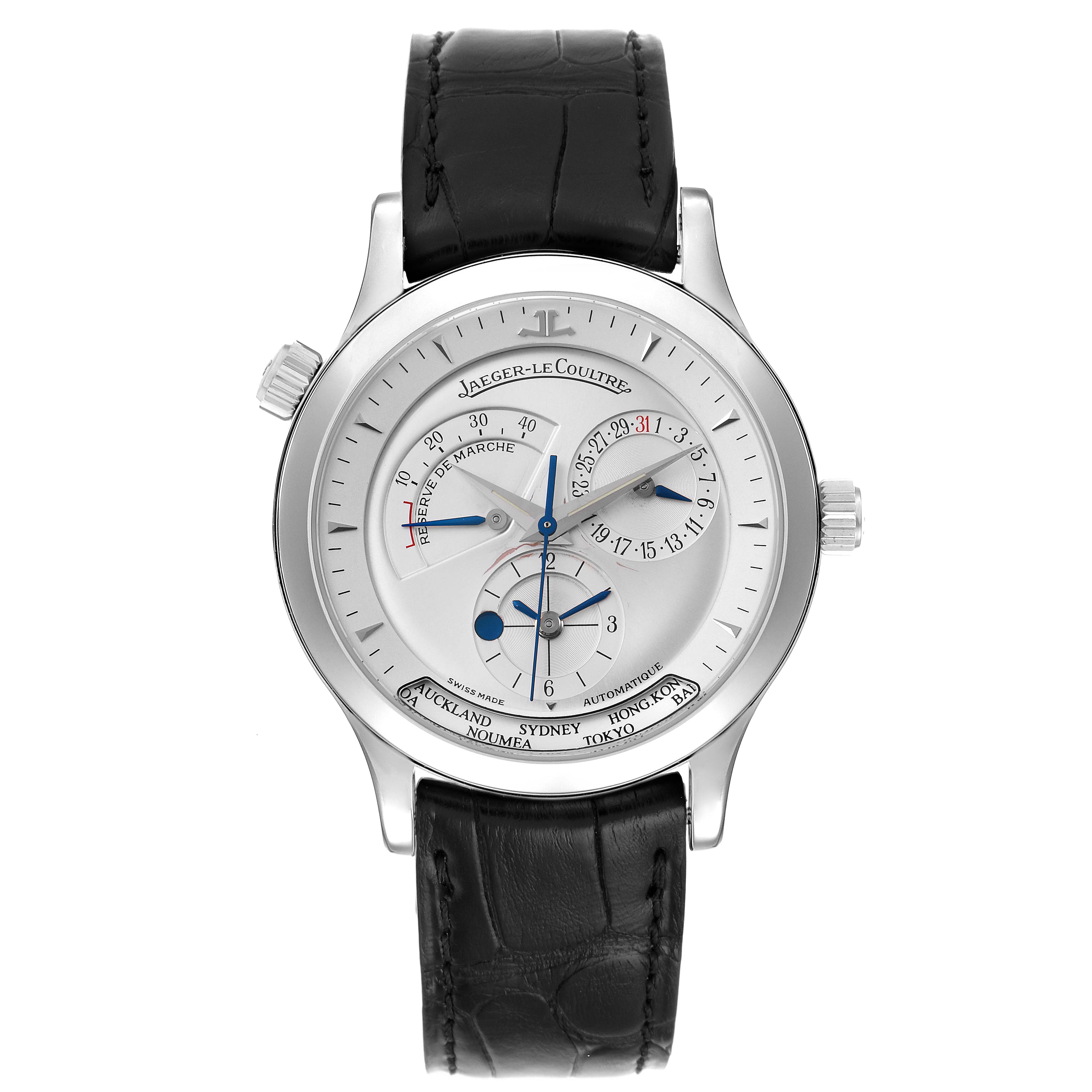 This image displays a frontal view of the Jaeger LeCoultre Master Q1428420 Men's Stainless Steel Silver Dial Q1428420 Men's Stainless Steel Silver Dial watch, highlighting its dial, subdials, and leather strap.