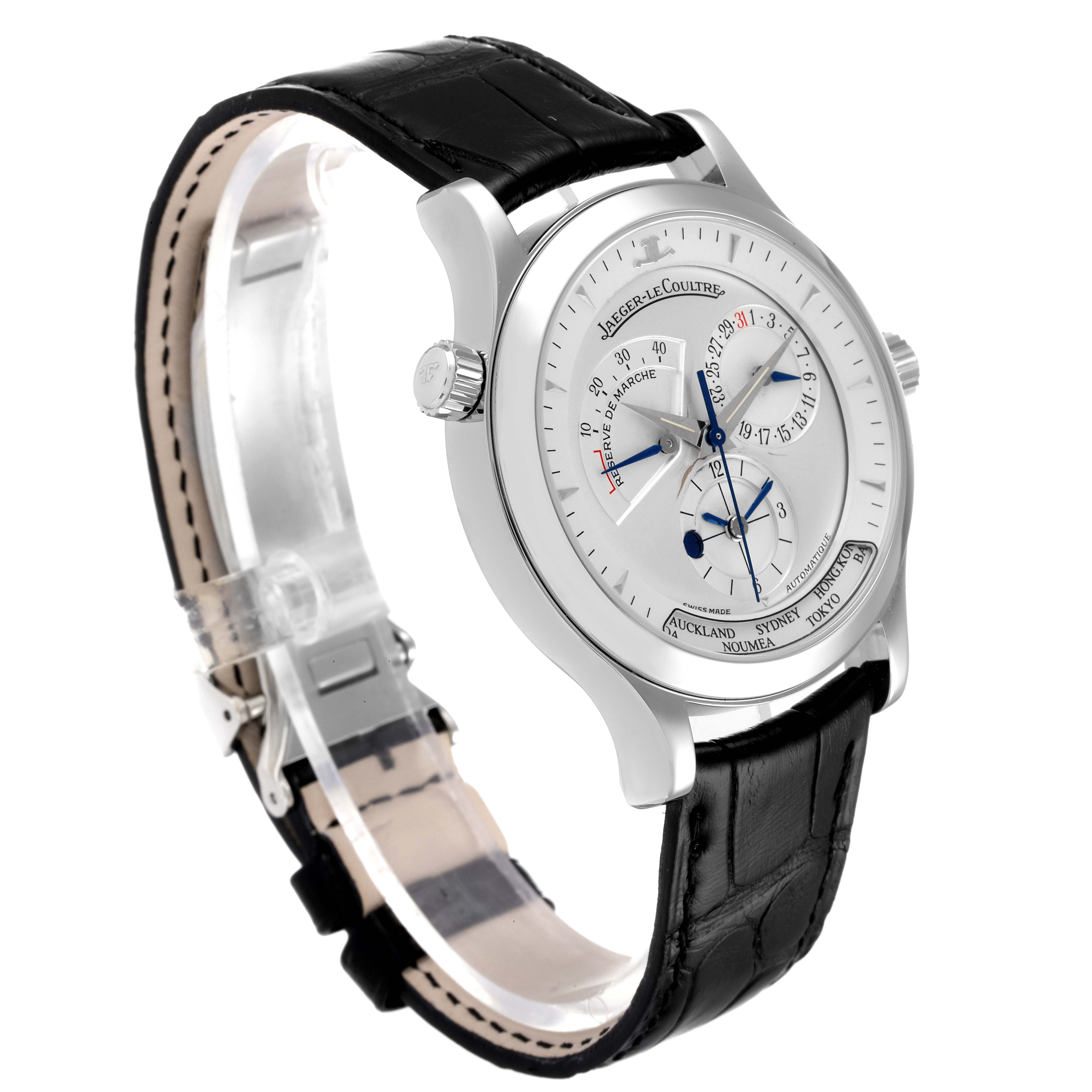 The Jaeger LeCoultre Master Q1428420 Men's Stainless Steel Silver Dial Q1428420 Men's Stainless Steel Silver Dial watch is shown at a 45-degree angle, highlighting its face, black leather strap, and crown.