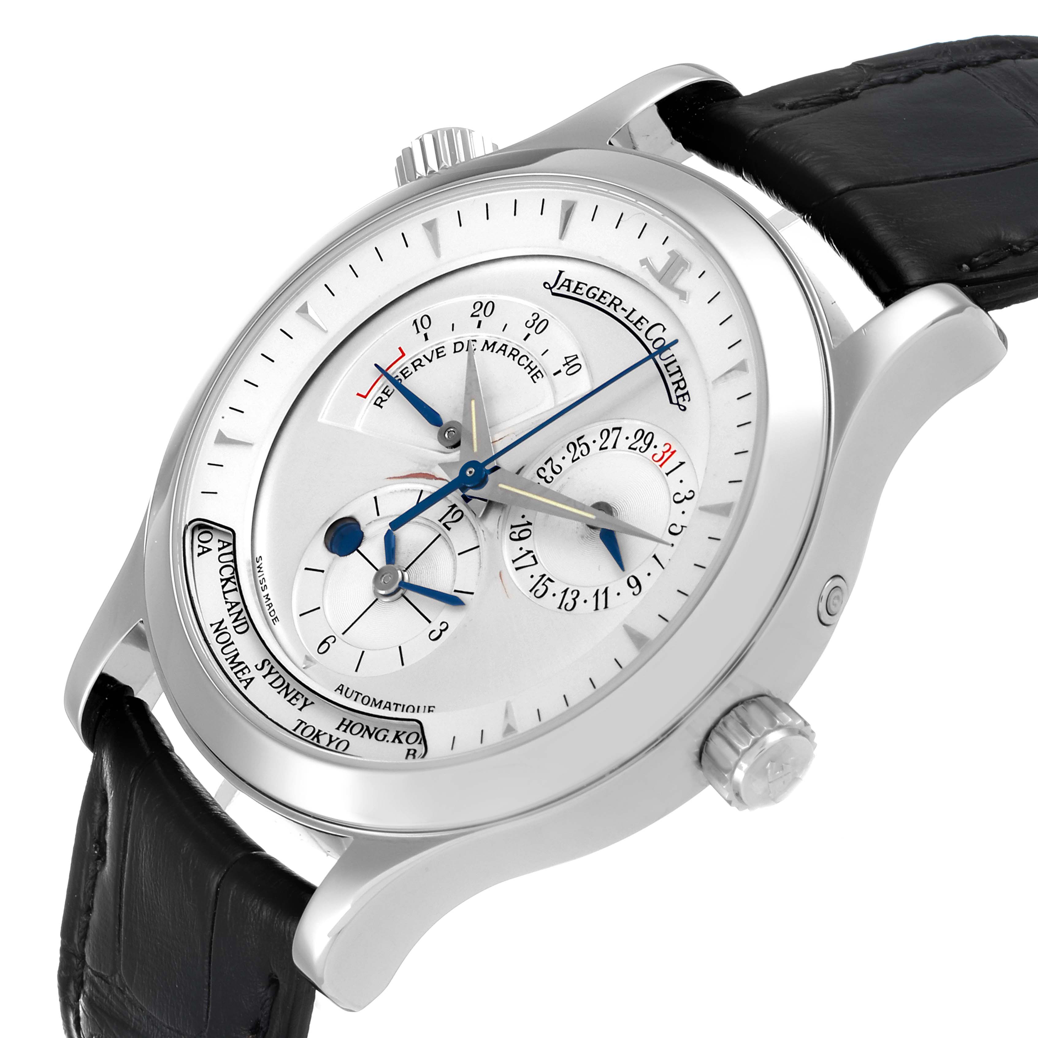 The watch shown is a Jaeger-LeCoultre Master model, viewed from an oblique angle highlighting its dial and crown.