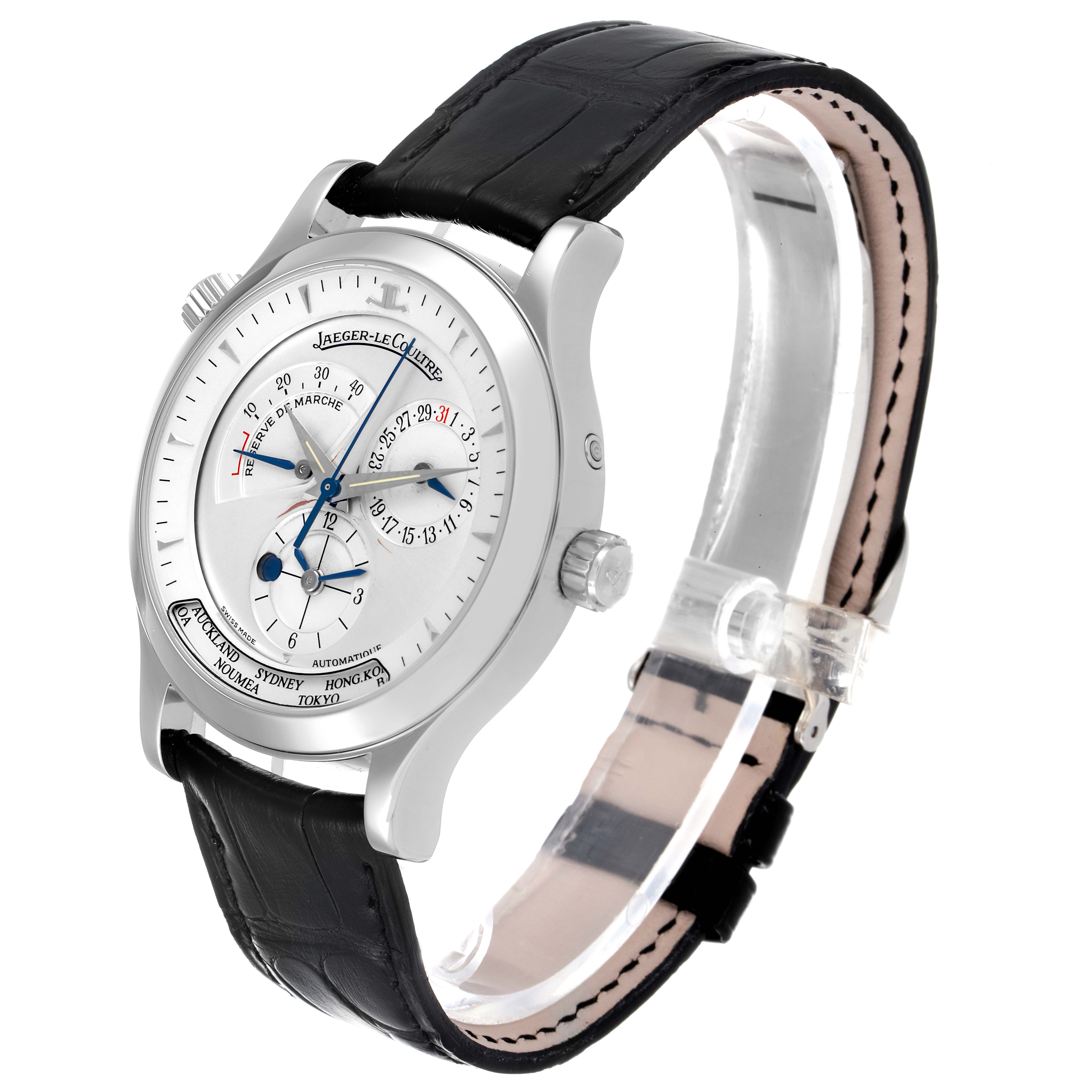 The image shows the Jaeger LeCoultre Master Q1428420 Men's Stainless Steel Silver Dial Q1428420 Men's Stainless Steel Silver Dial model watch from an angled side view, highlighting the face, case, and leather strap.