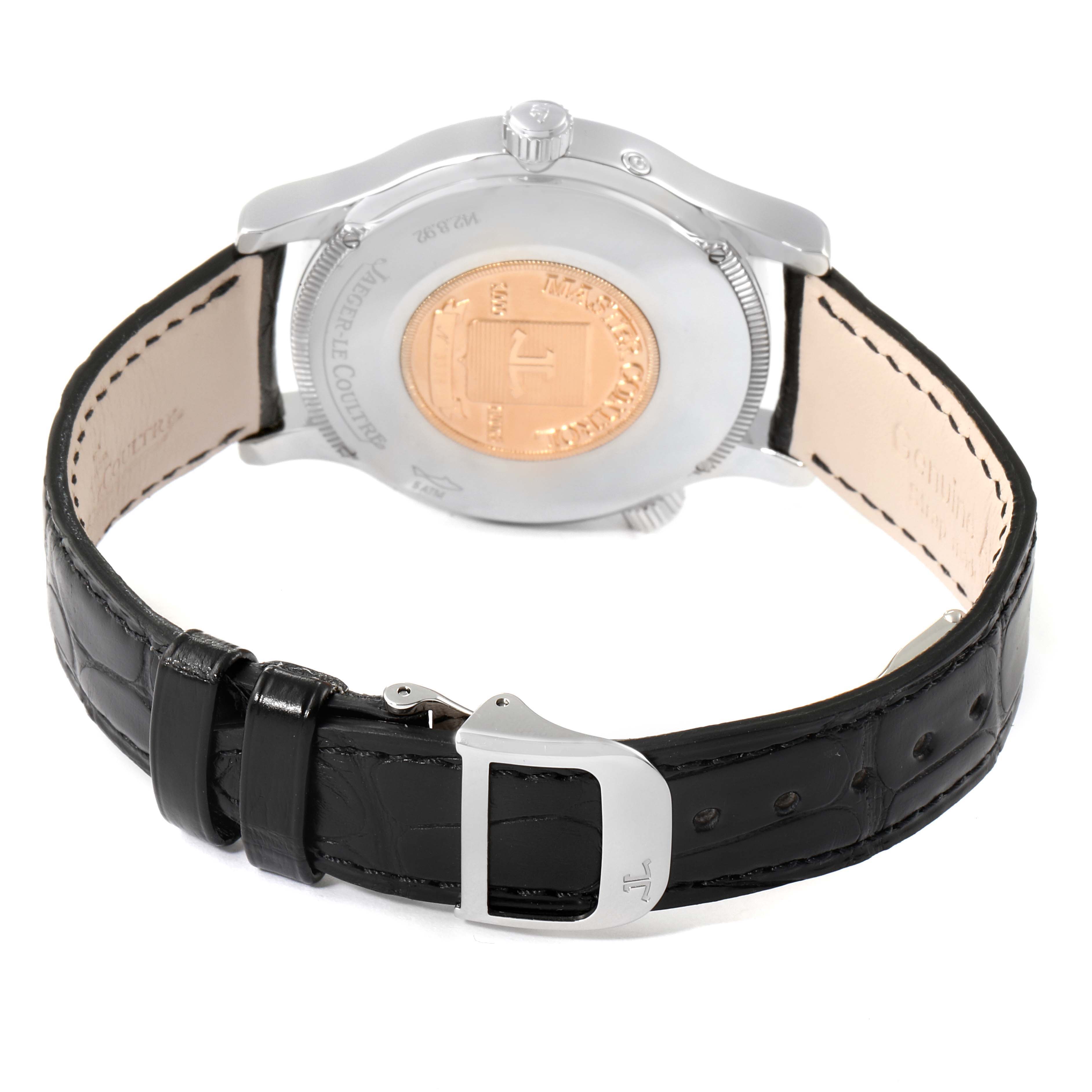 This image shows the back and strap of a Jaeger LeCoultre Master Q1428420 Men's Stainless Steel Silver Dial Q1428420 Men's Stainless Steel Silver Dial watch, highlighting the case back and clasp.