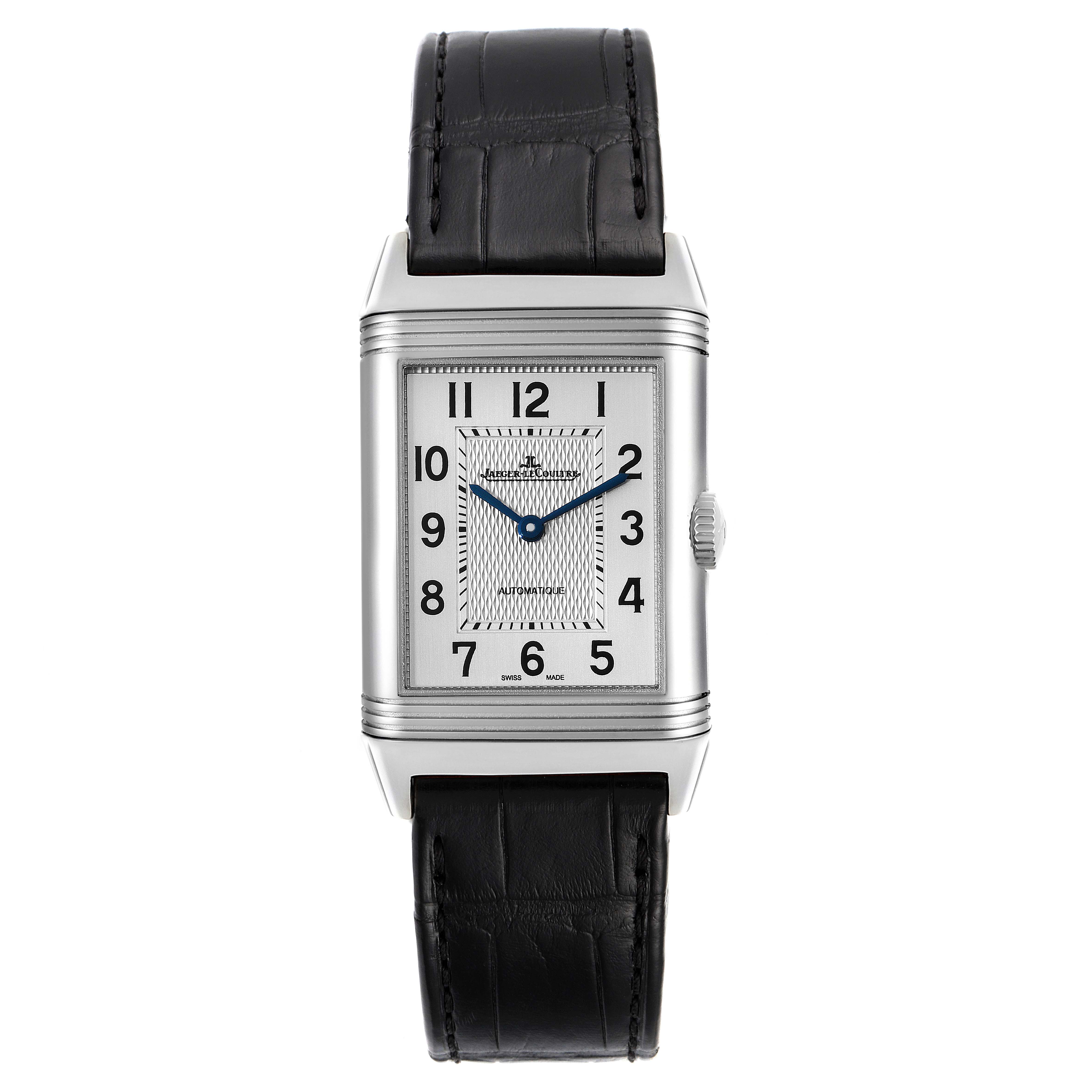 The image shows a front view of a Jaeger LeCoultre Reverso Q3828420 Men's Stainless Steel Silver Dial Q3828420 Men's Stainless Steel Silver Dial watch with a black leather strap.
