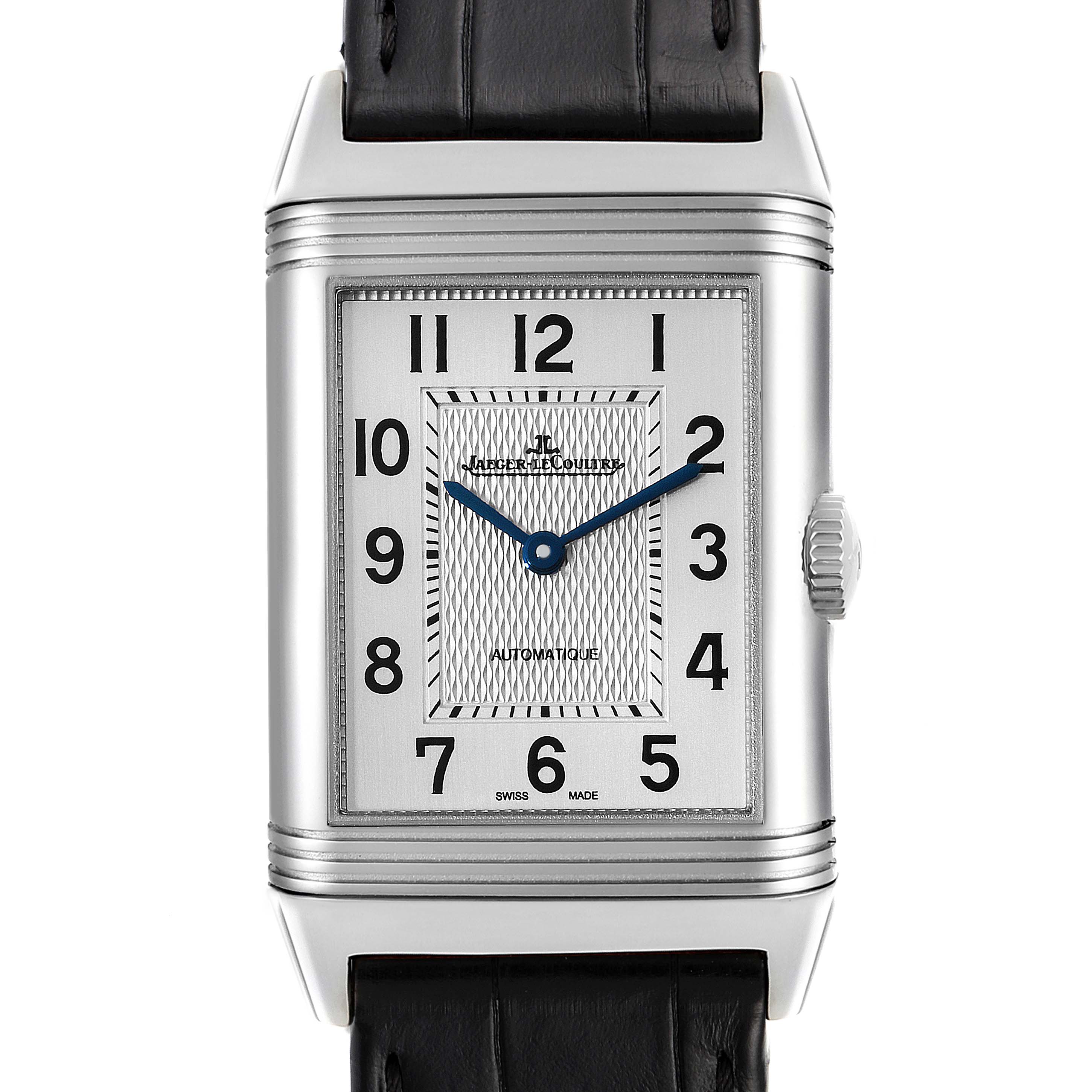 This Jaeger LeCoultre Reverso Q3828420 Men's Stainless Steel Silver Dial Q3828420 Men's Stainless Steel Silver Dial watch is shown from the front, highlighting the dial, hands, and part of the black leather strap.
