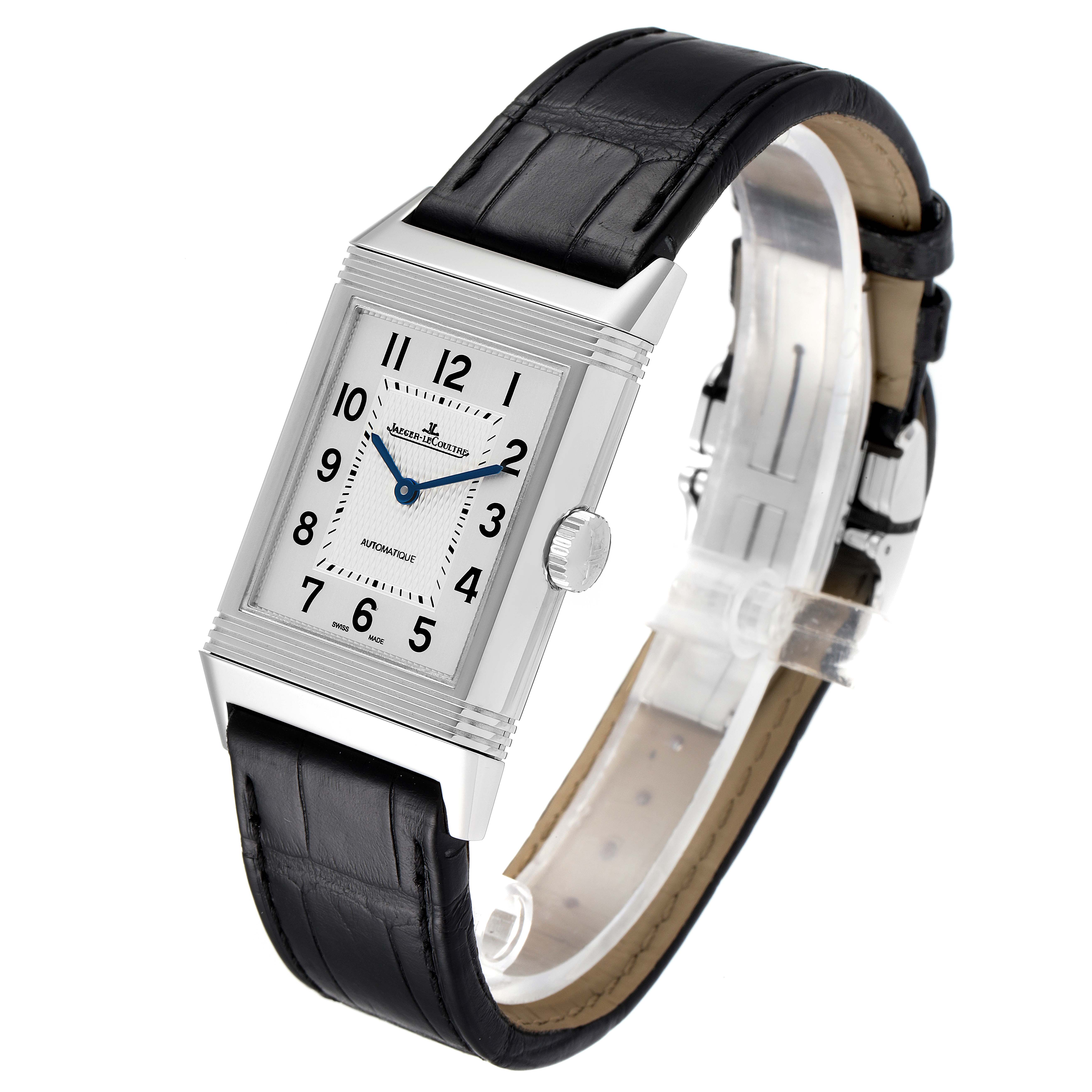 This image shows a Jaeger-LeCoultre Reverso watch at an angled view displaying the face, case, crown, and black leather strap.