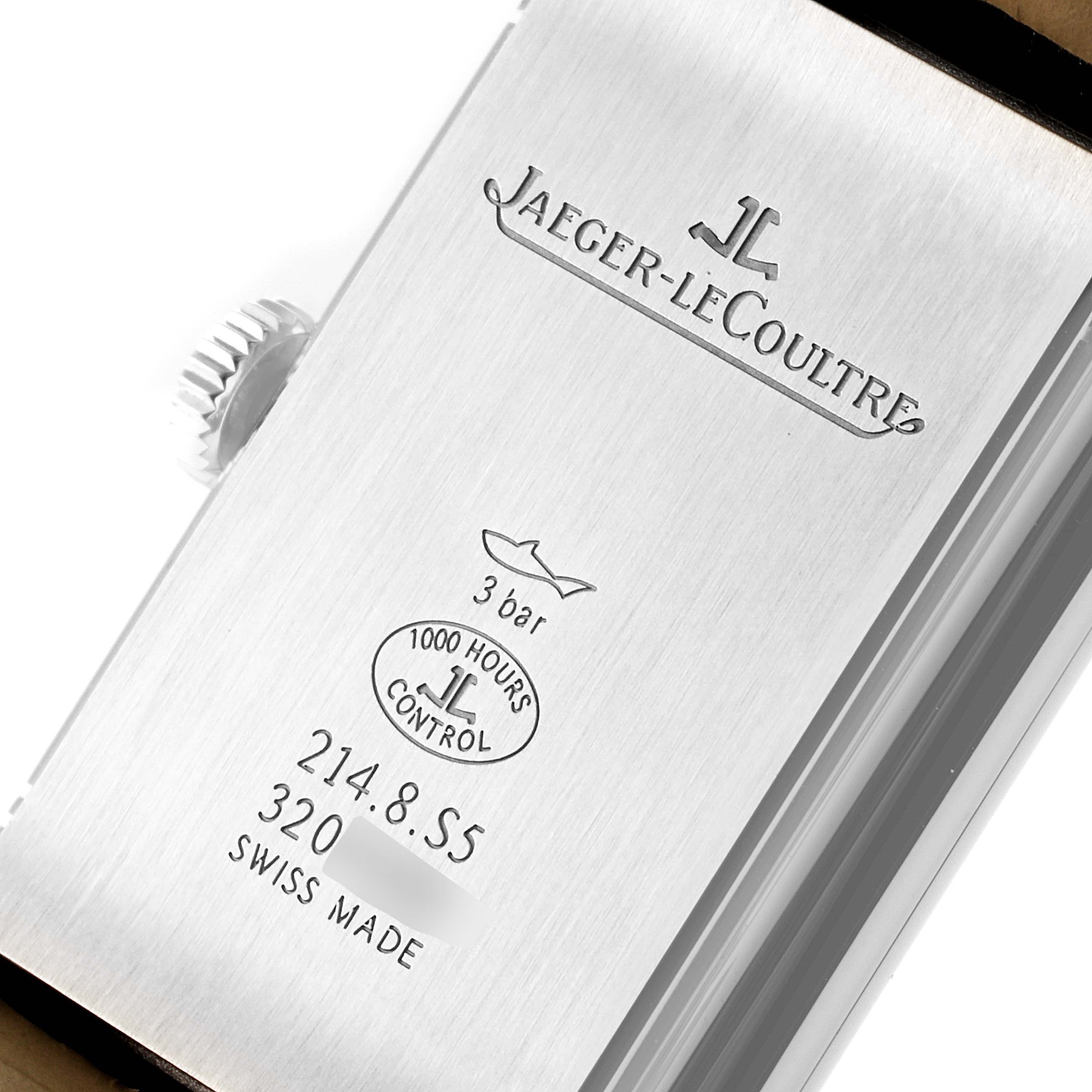 This image shows the back case of a Jaeger LeCoultre Reverso Q3828420 Men's Stainless Steel Silver Dial Q3828420 Men's Stainless Steel Silver Dial watch, highlighting the water resistance, model number, and brand engraving.