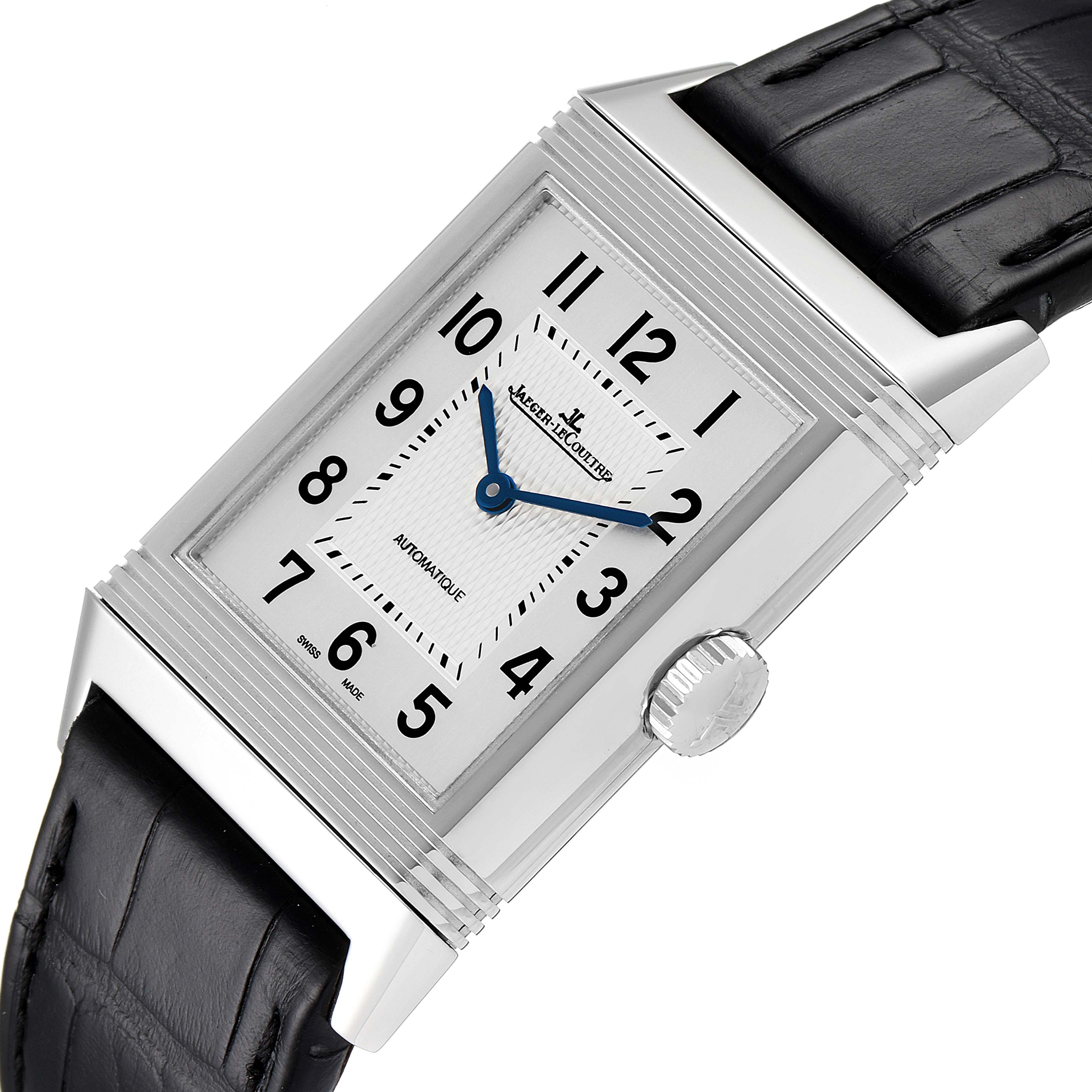 This image displays the face and strap of the Jaeger-LeCoultre Reverso watch from a slightly angled top-down view.