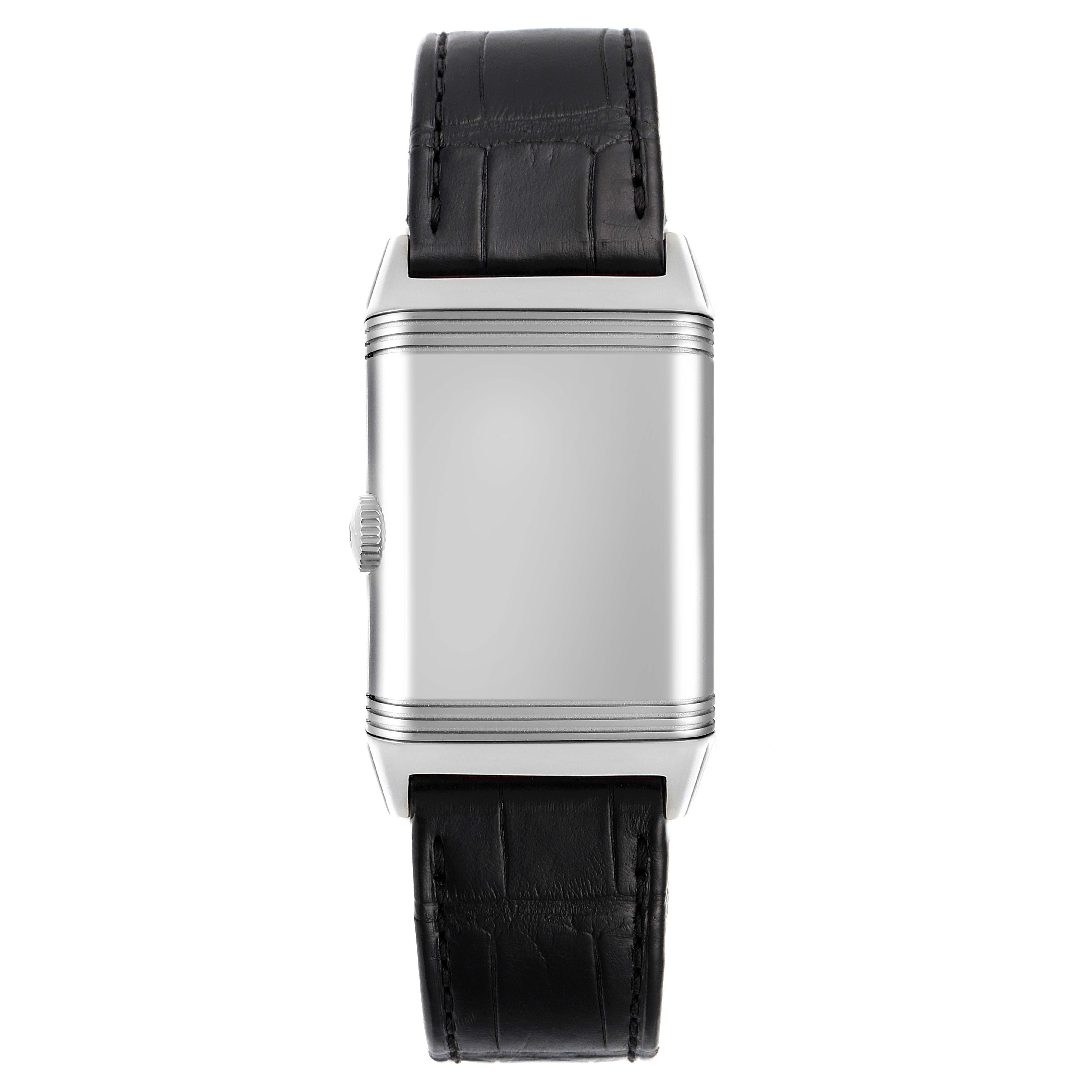 This image shows a front view of the Jaeger LeCoultre Reverso Q3828420 Men's Stainless Steel Silver Dial Q3828420 Men's Stainless Steel Silver Dial watch, highlighting the case and black leather strap.