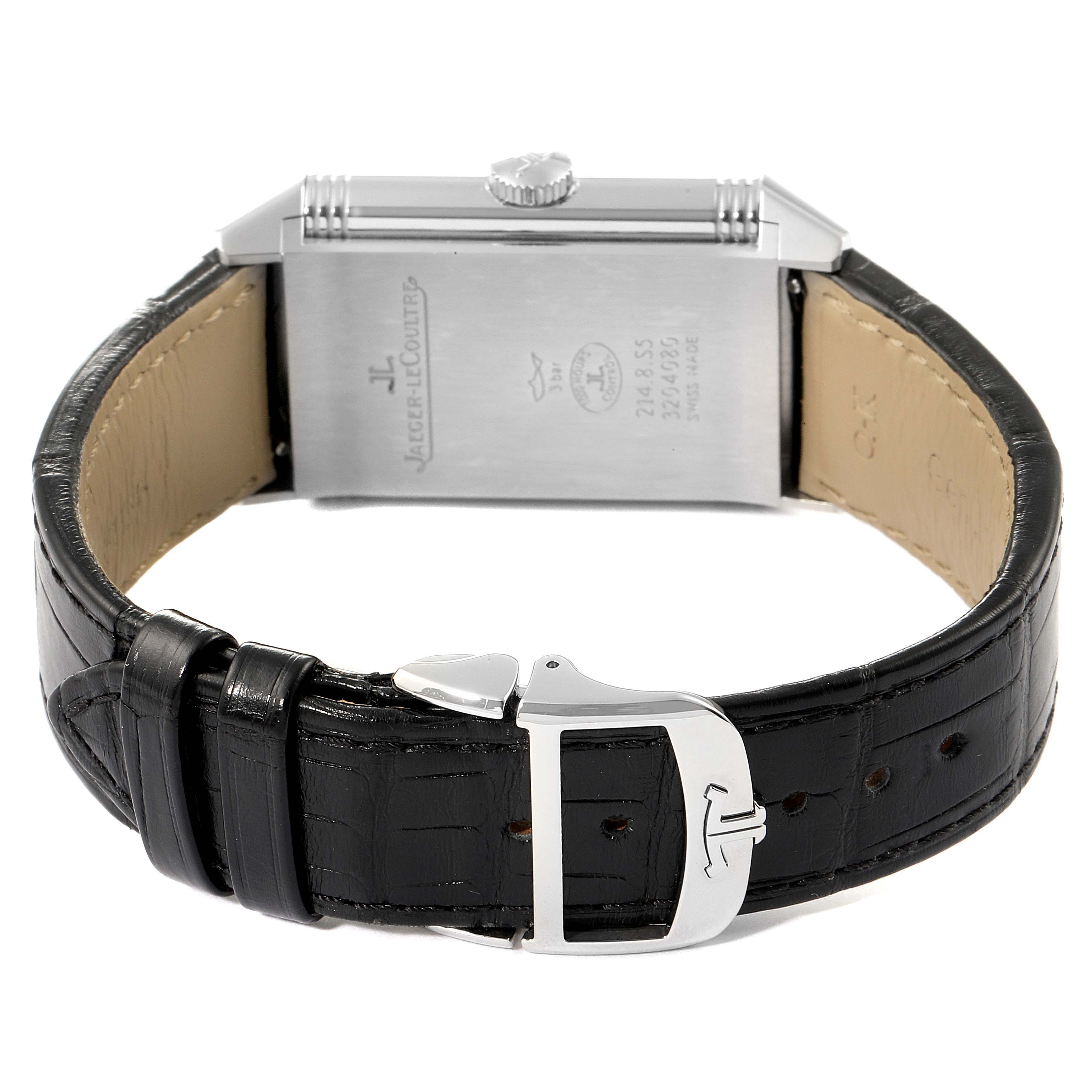 The image shows the back of a Jaeger LeCoultre Reverso Q3828420 Men's Stainless Steel Silver Dial Q3828420 Men's Stainless Steel Silver Dial watch, highlighting the case back, crown, and black leather strap with a clasp.