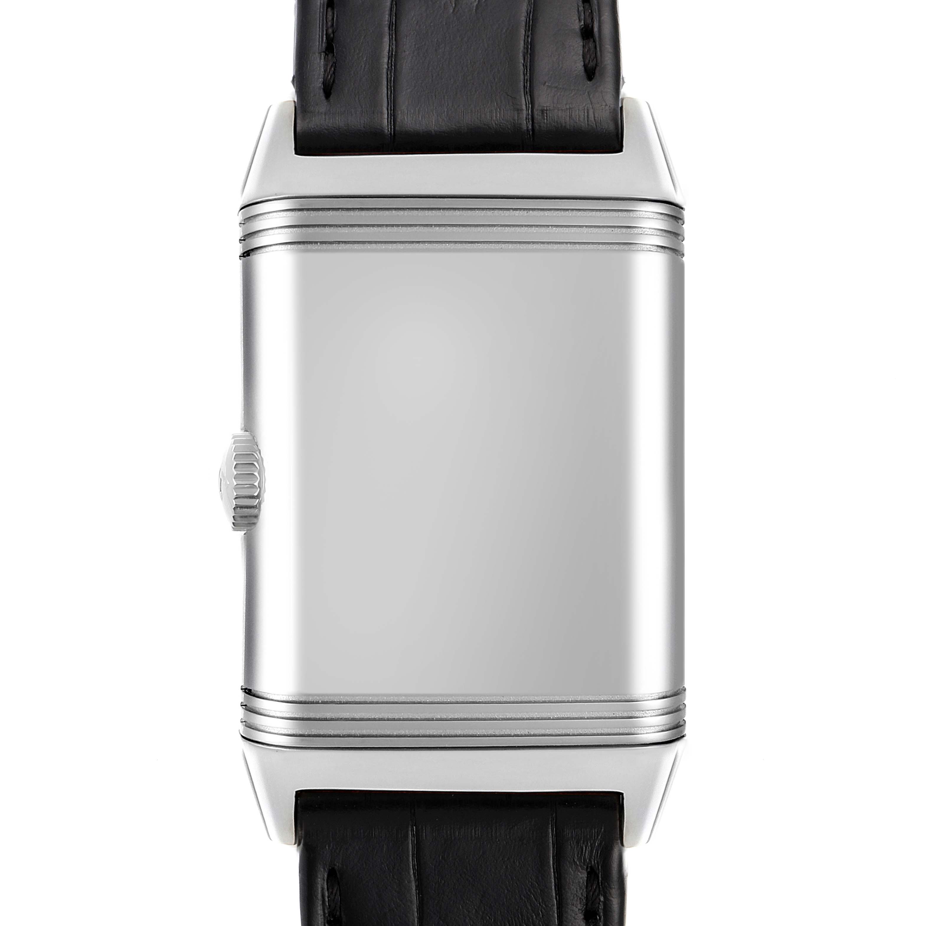 This image shows the front view of the Jaeger LeCoultre Reverso Q3828420 Men's Stainless Steel Silver Dial Q3828420 Men's Stainless Steel Silver Dial watch, highlighting its case and leather strap.