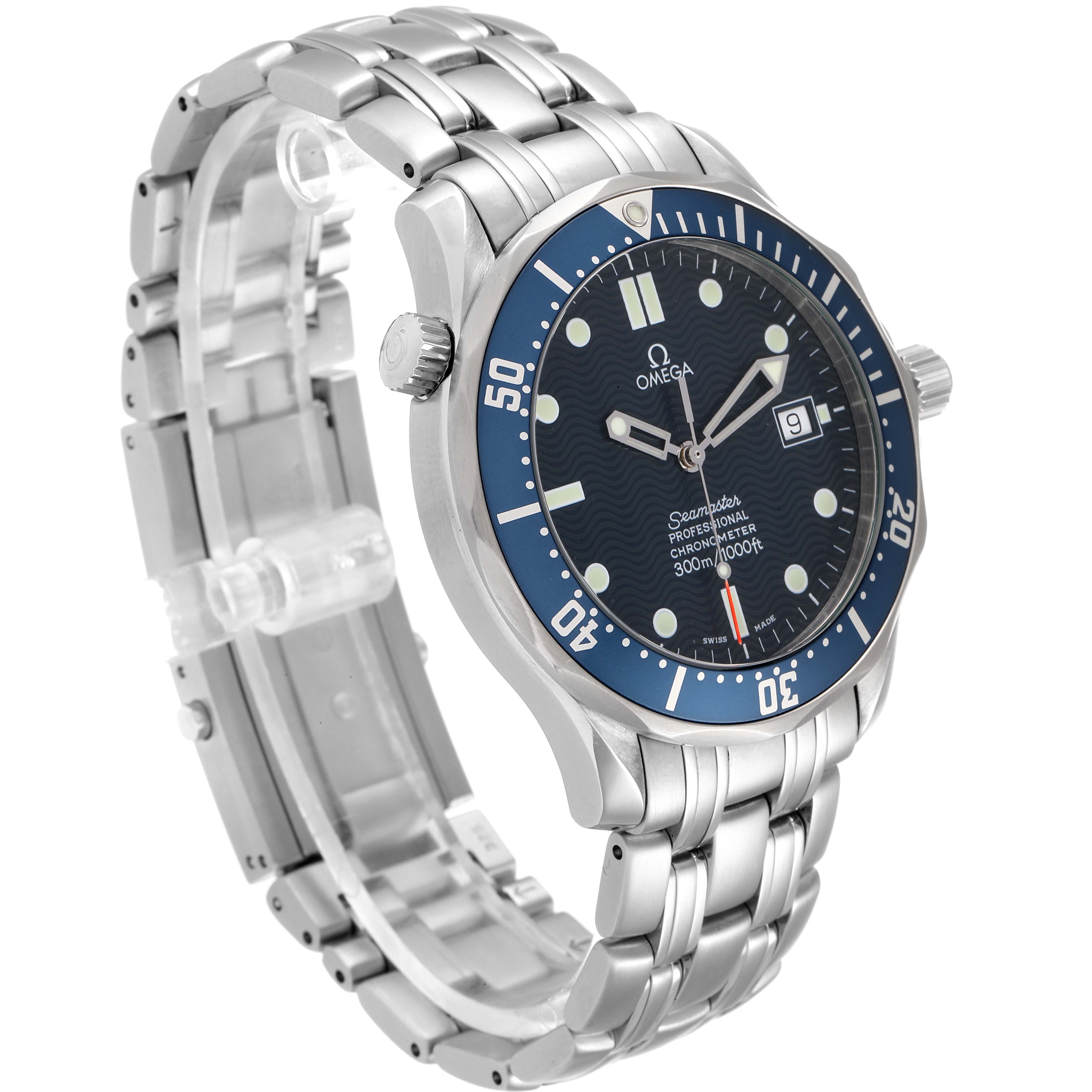 This image shows a side and frontal angle of an Omega Seamaster 2531.80.00 Men's Stainless Steel Blue Dial 2531.80.00 Men's Stainless Steel Blue Dial watch, highlighting its bezel, dial, and stainless steel bracelet.