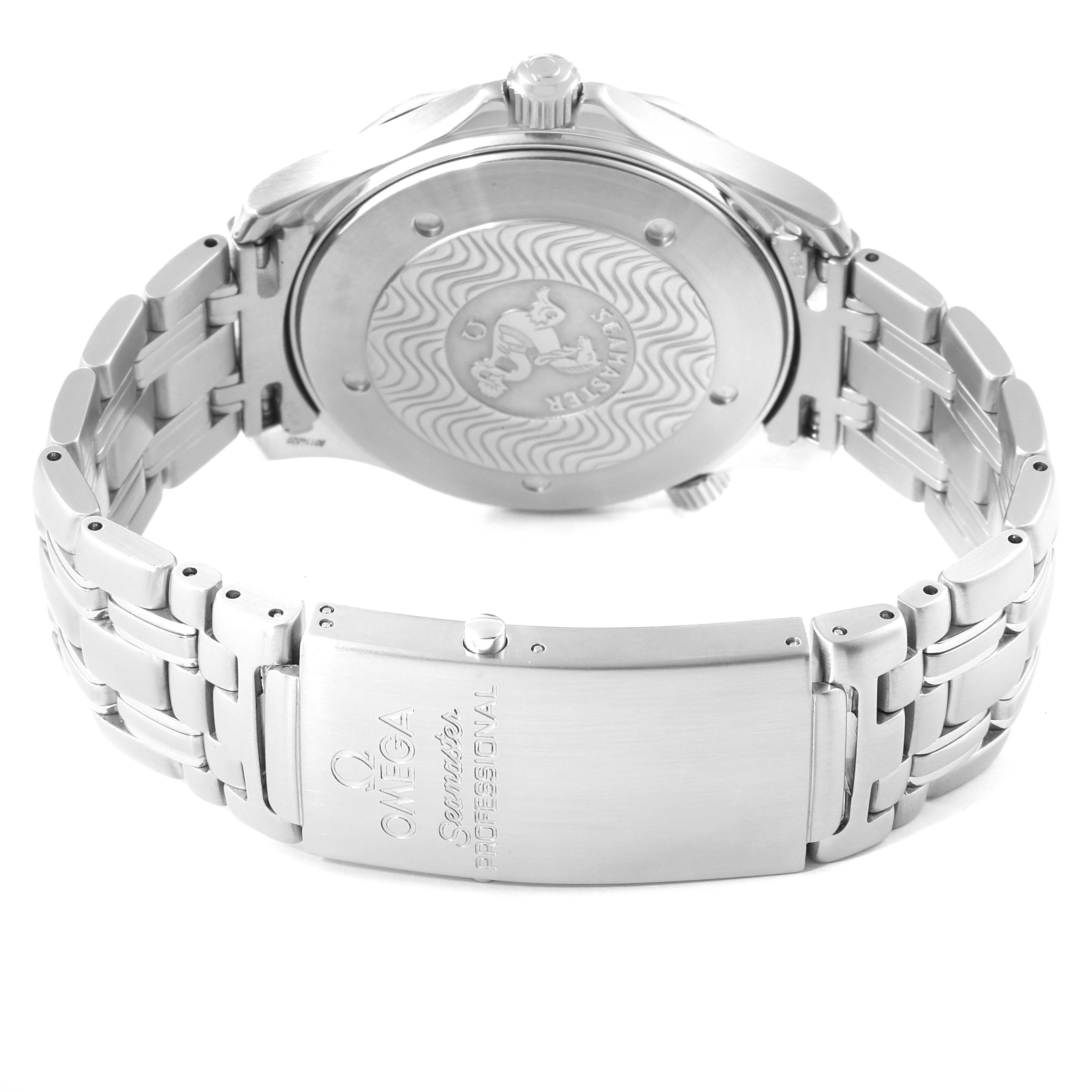 This image shows the back case and stainless steel bracelet of an Omega Seamaster 2531.80.00 Men's Stainless Steel Blue Dial 2531.80.00 Men's Stainless Steel Blue Dial model watch, focusing on the clasp and case back.