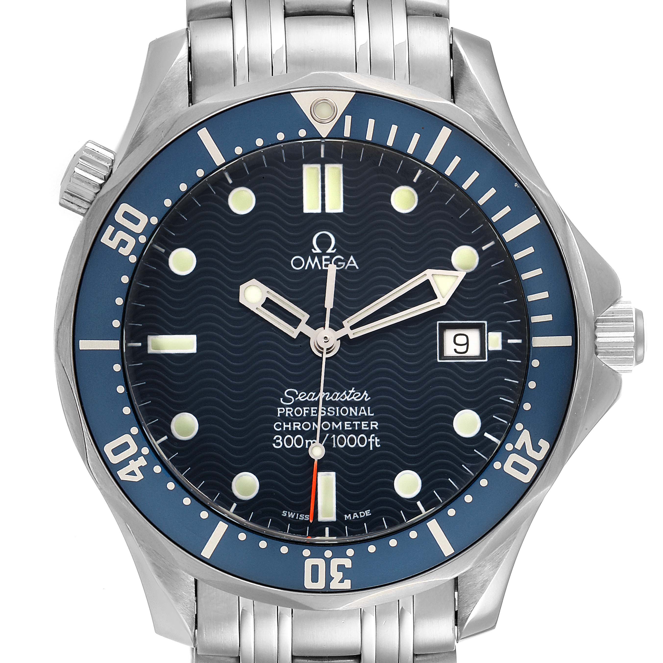 The image shows a front view of an Omega Seamaster 2531.80.00 Men's Stainless Steel Blue Dial 2531.80.00 Men's Stainless Steel Blue Dial watch, displaying its dial, bezel, hands, and bracelet.