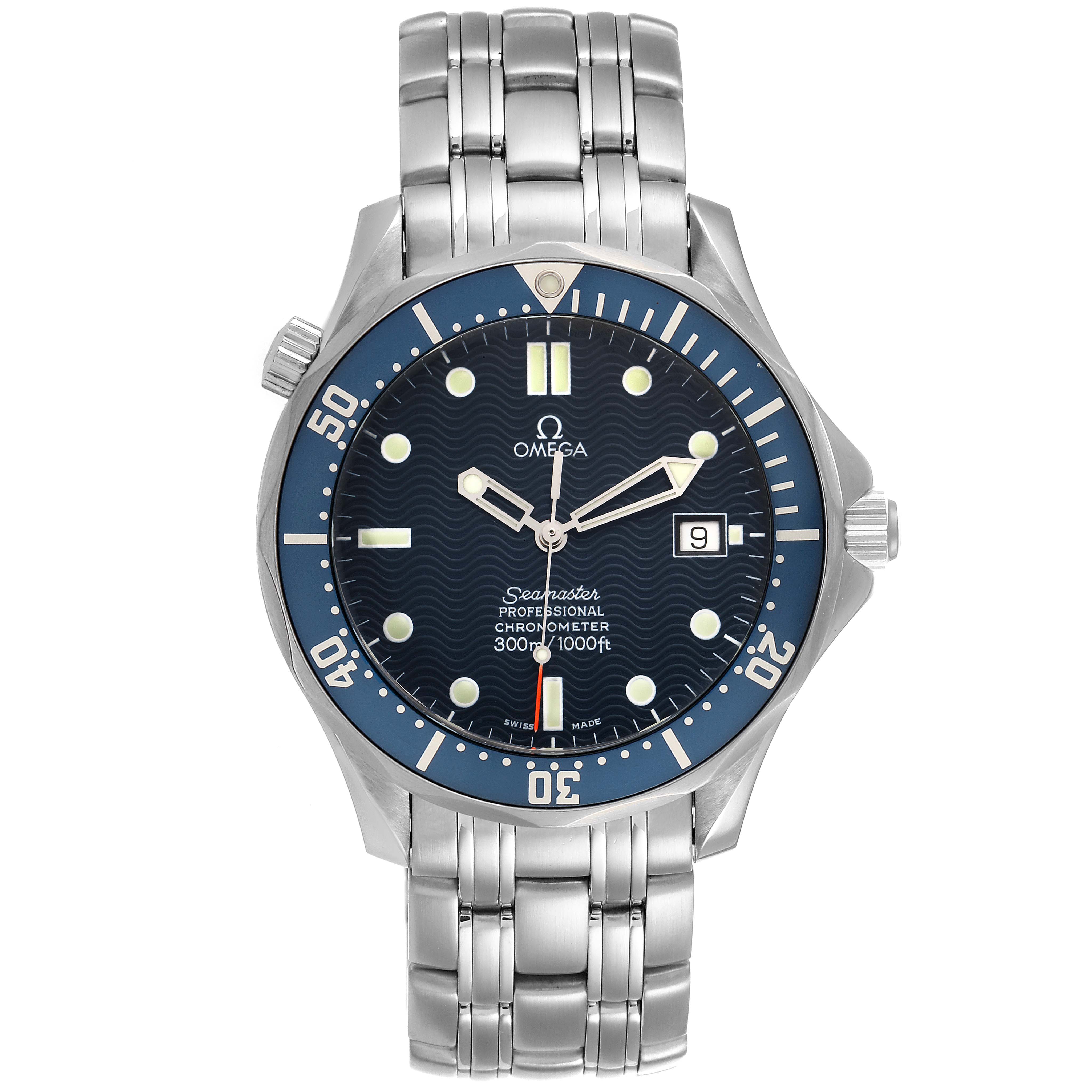 The image shows a frontal view of an Omega Seamaster 2531.80.00 Men's Stainless Steel Blue Dial 2531.80.00 Men's Stainless Steel Blue Dial watch, highlighting the dial, bezel, case, and stainless steel bracelet.