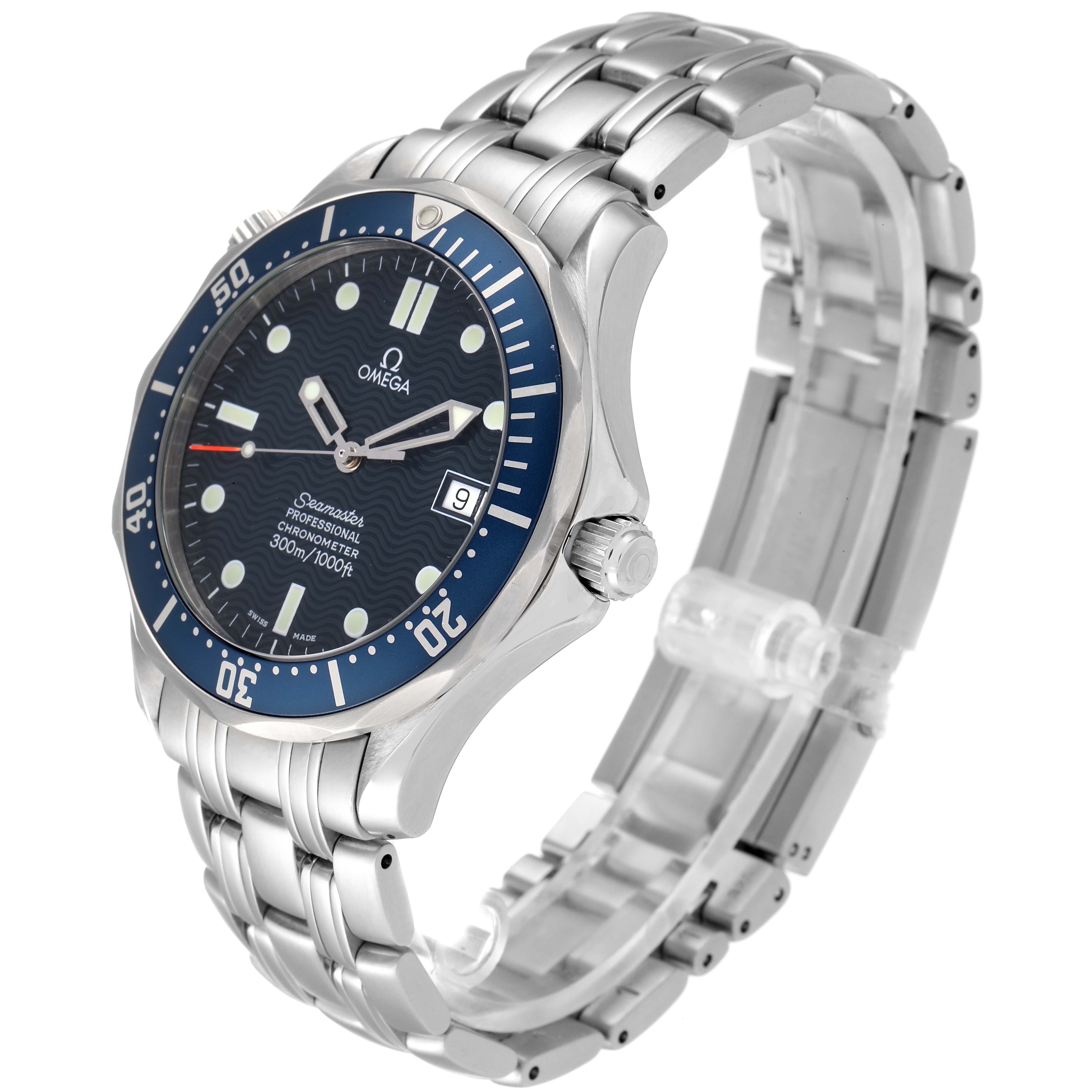 The image shows a side angle of the Omega Seamaster 2531.80.00 Men's Stainless Steel Blue Dial 2531.80.00 Men's Stainless Steel Blue Dial watch, highlighting the face, bezel, crown, and metal bracelet.