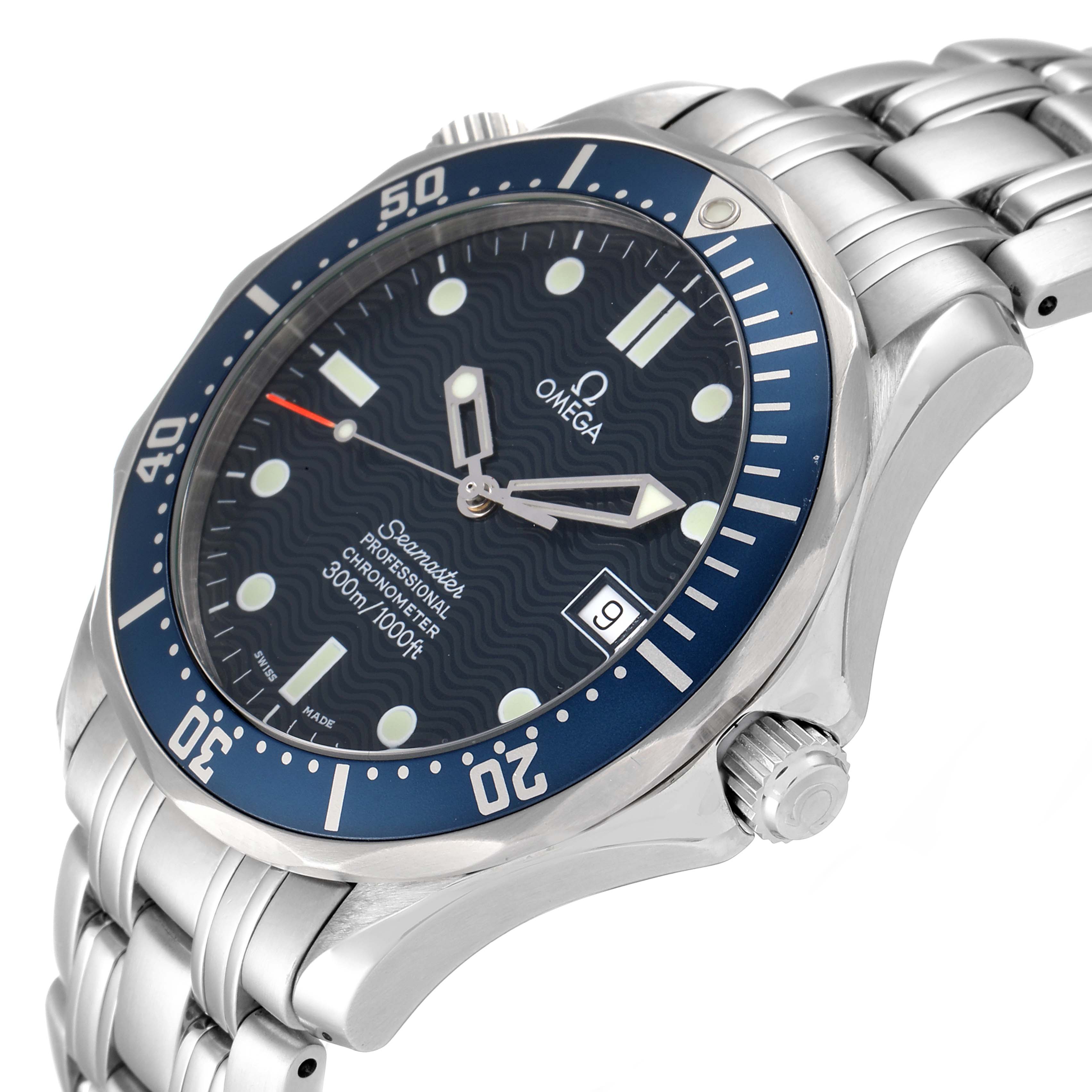 The Omega Seamaster 2531.80.00 Men's Stainless Steel Blue Dial 2531.80.00 Men's Stainless Steel Blue Dial watch is shown at an angled profile, displaying its face, bezel, case, and stainless steel bracelet.