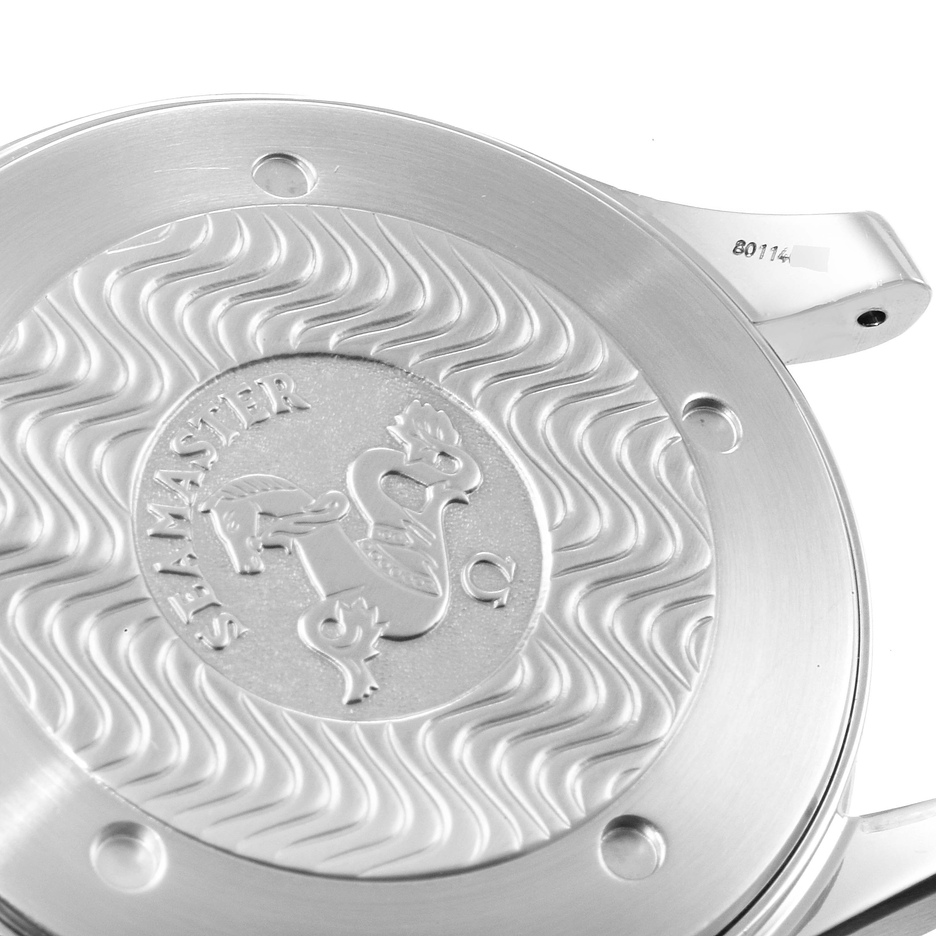 The image shows the case back of an Omega Seamaster 2531.80.00 Men's Stainless Steel Blue Dial 2531.80.00 Men's Stainless Steel Blue Dial watch at an angled, close-up view.