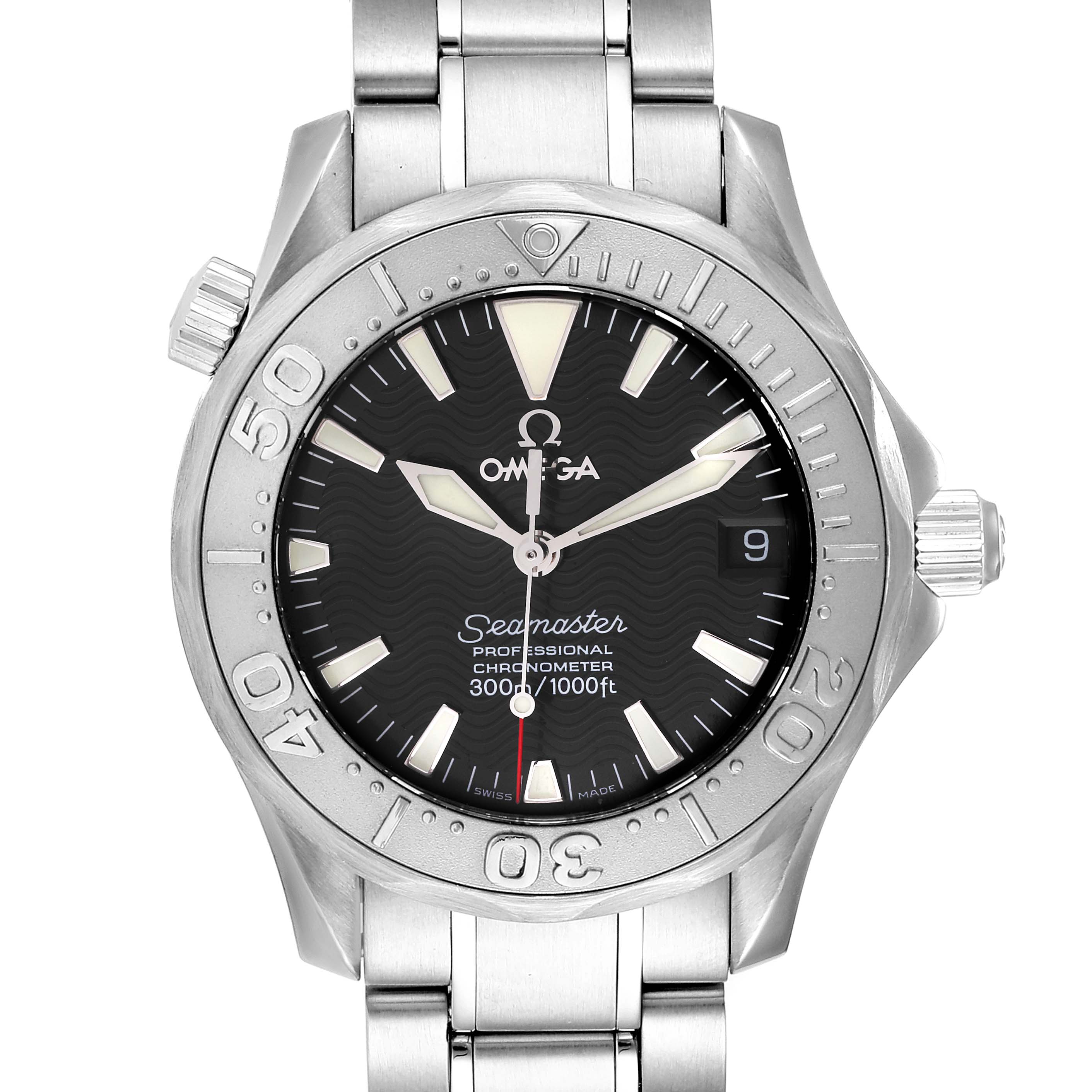This image shows a front view of the Omega Seamaster 2236.50.00 Men
s Stainless Steel Black Dial 2236.50.00 Men
s Stainless Steel Black Dial watch, displaying the dial, bezel, crown, and part of the bracelet.