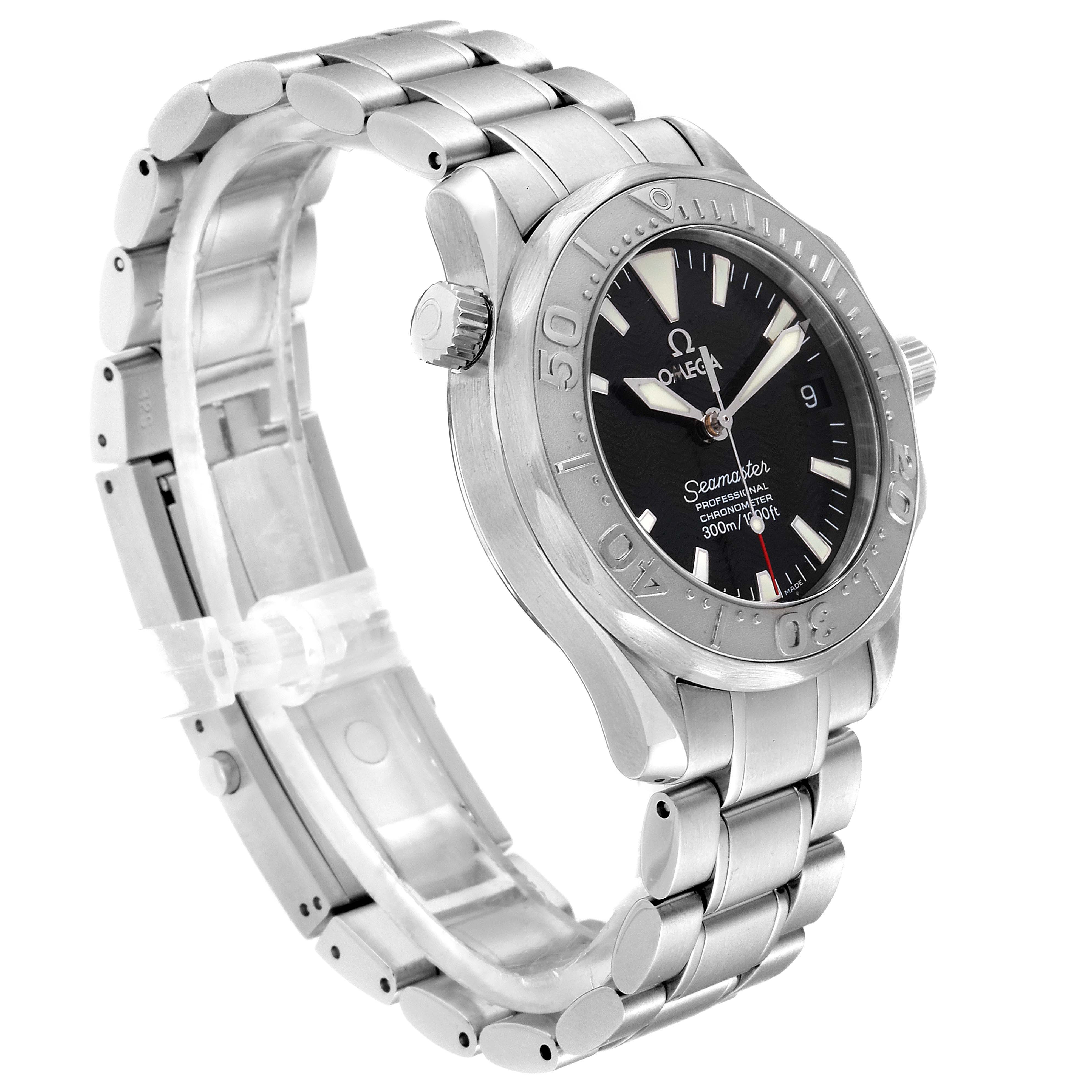 The image shows an Omega Seamaster 2236.50.00 Men
s Stainless Steel Black Dial 2236.50.00 Men
s Stainless Steel Black Dial watch at a three-quarter angle, highlighting the bezel, dial, crown, and metal bracelet.
