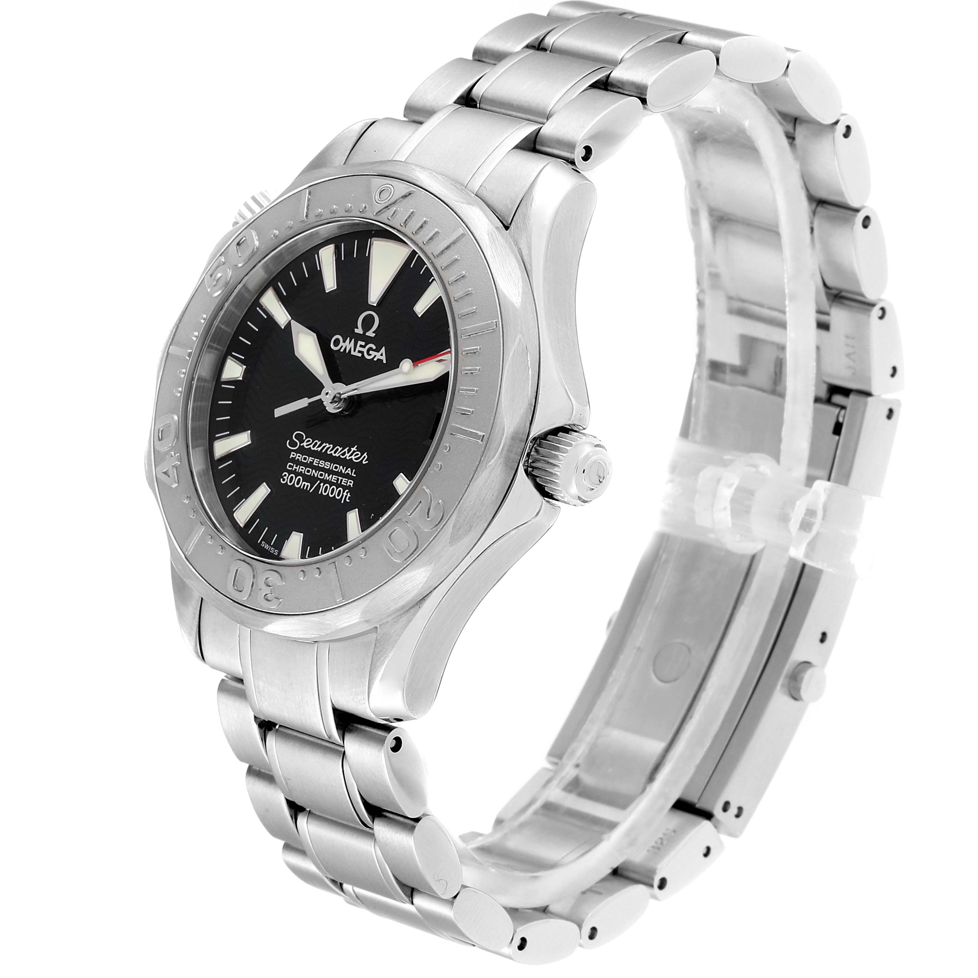 The Omega Seamaster 2236.50.00 Men
s Stainless Steel Black Dial 2236.50.00 Men
s Stainless Steel Black Dial watch is shown at a three-quarter angle, displaying the face, bezel, crown, and metal bracelet.