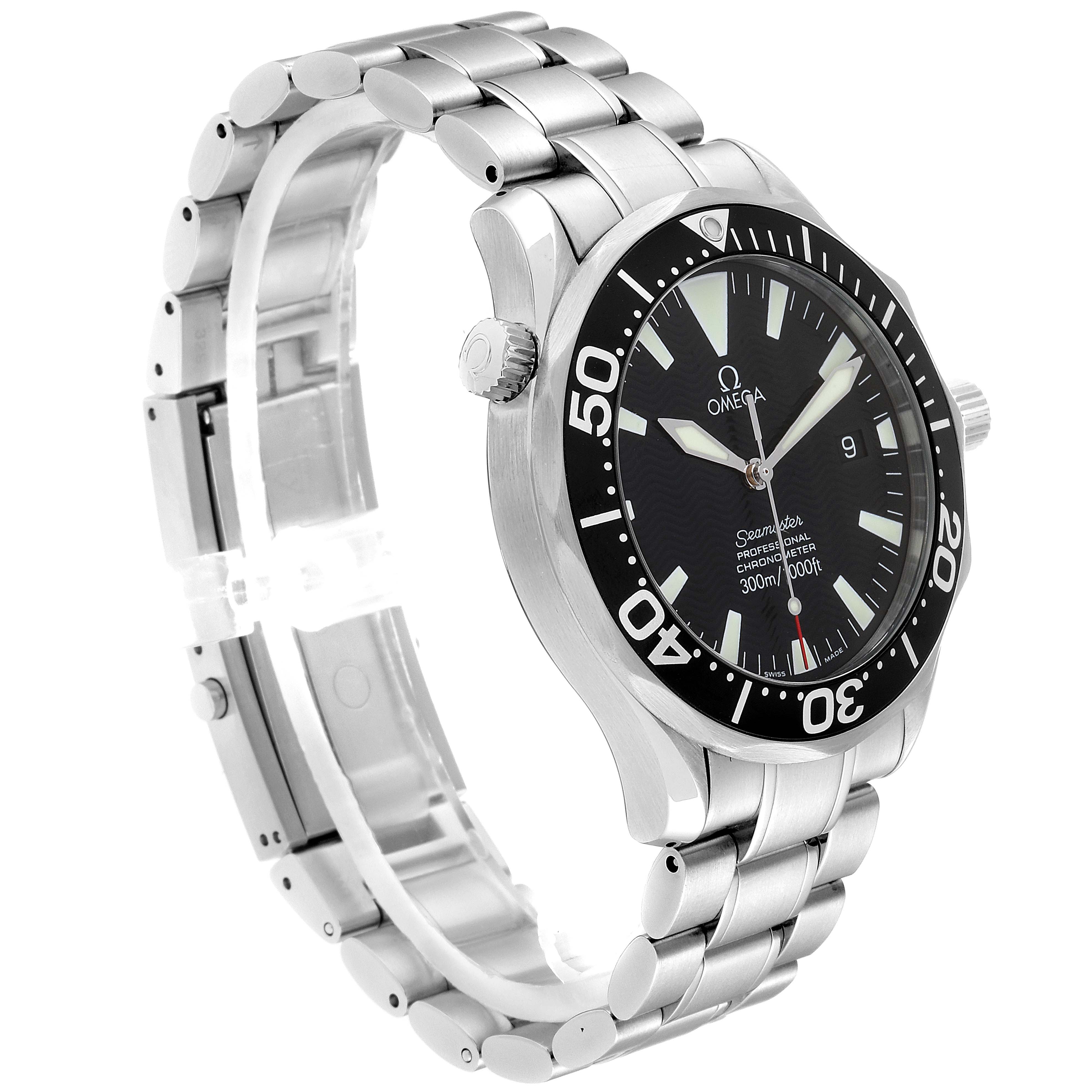 The Omega Seamaster 2254.50.00 Men
s Stainless Steel Black Dial 2254.50.00 Men
s Stainless Steel Black Dial watch is shown at an oblique angle highlighting the dial, bezel, crown, and metal bracelet.