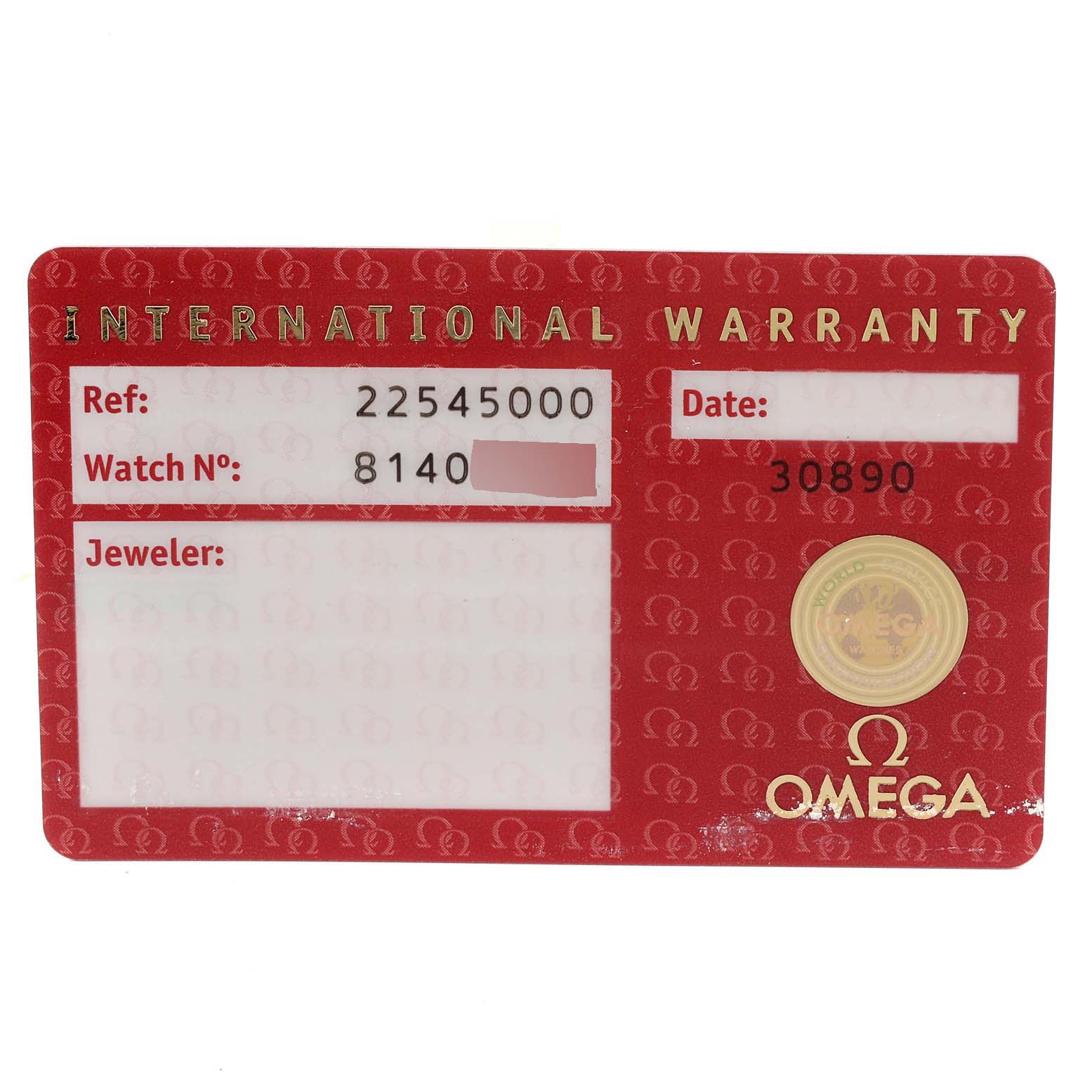 The image shows the International Warranty card for the Omega Seamaster 2254.50.00 Men
s Stainless Steel Black Dial 2254.50.00 Men
s Stainless Steel Black Dial watch model.