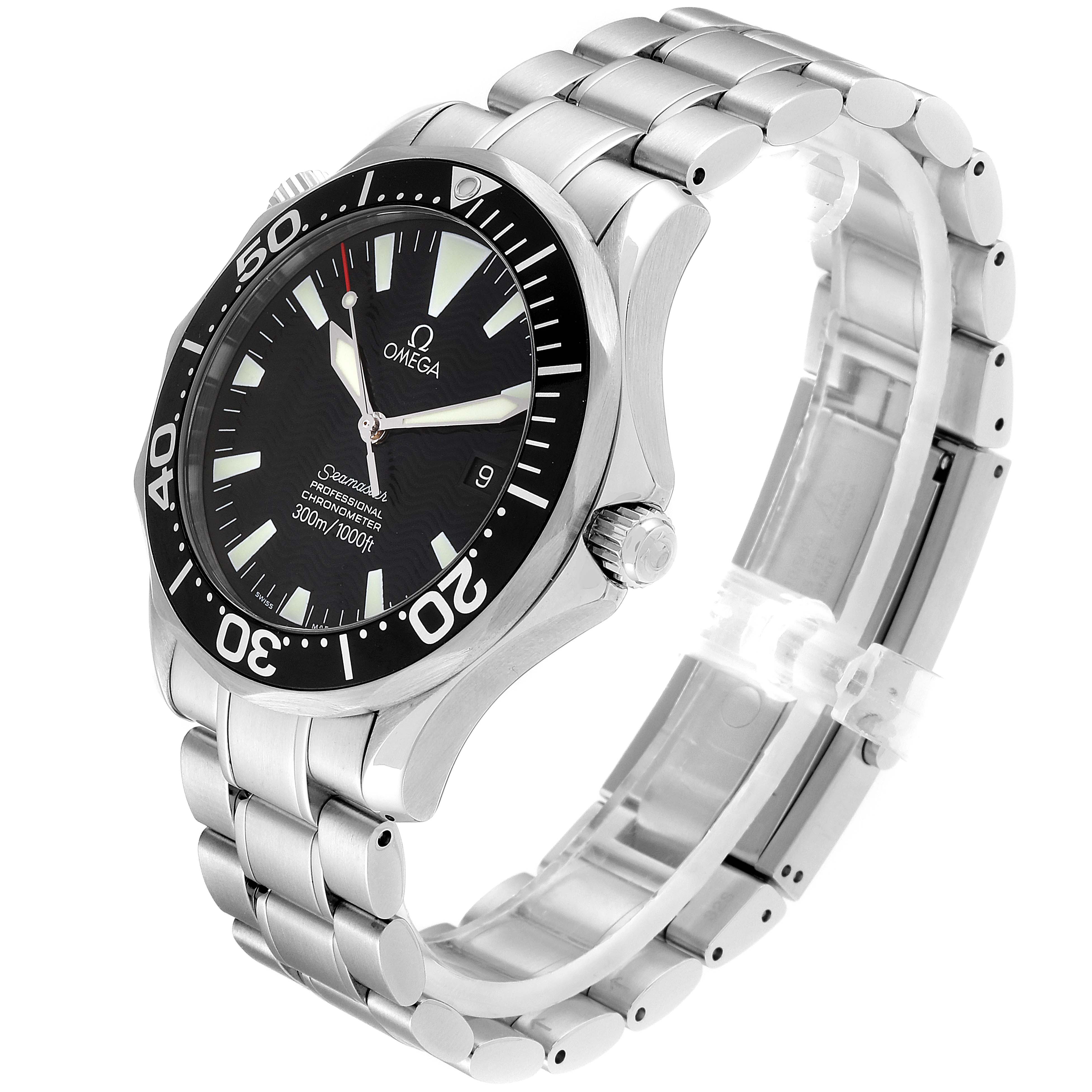 The image shows an angled side view of the Omega Seamaster 2254.50.00 Men
s Stainless Steel Black Dial 2254.50.00 Men
s Stainless Steel Black Dial watch, highlighting its face, bezel, and stainless steel bracelet.