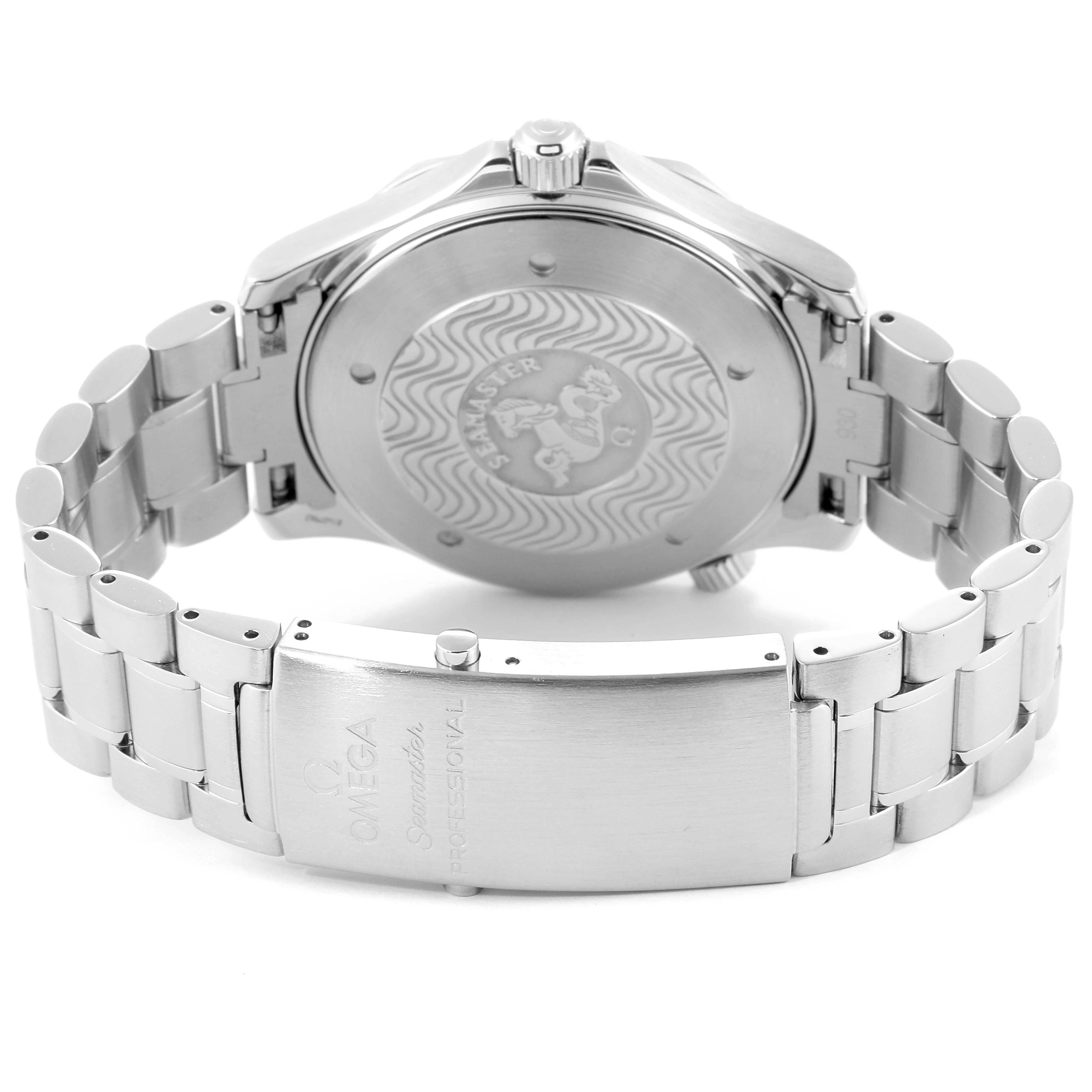 The image shows the backside and clasp of an Omega Seamaster 2254.50.00 Men
s Stainless Steel Black Dial 2254.50.00 Men
s Stainless Steel Black Dial watch, highlighting the engraved case back and metal bracelet.