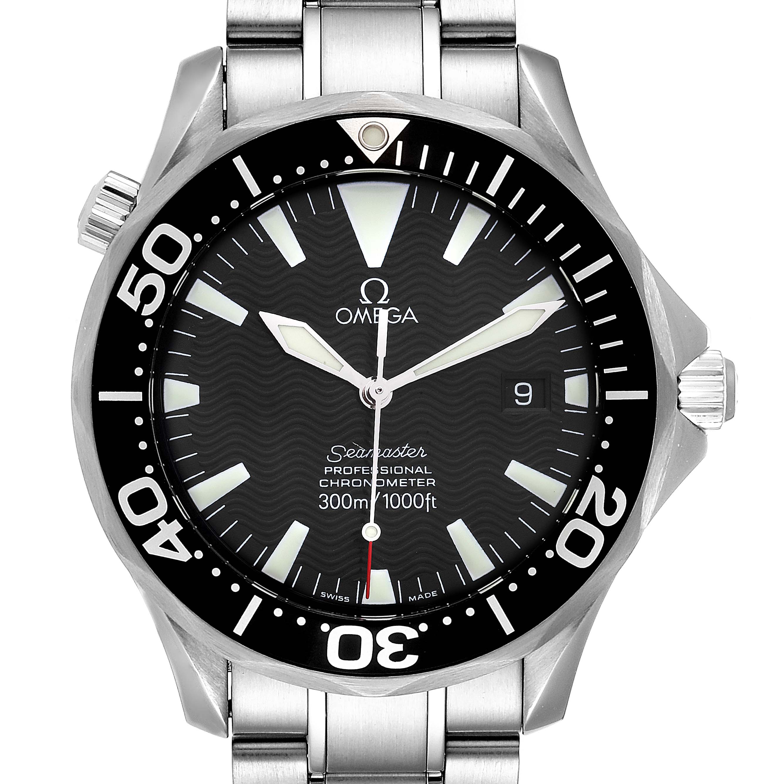 The image shows a front view of an Omega Seamaster 2254.50.00 Men
s Stainless Steel Black Dial 2254.50.00 Men
s Stainless Steel Black Dial watch with a stainless steel bracelet and black dial.